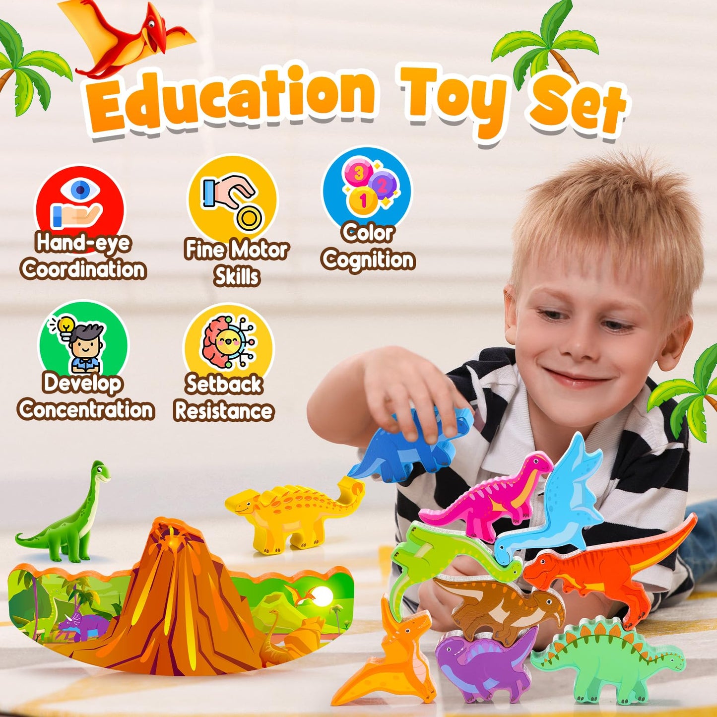 IPOURUP Dinosaur Stacking Blocks – Montessori Wooden Toy for 3-8 Kids | Balance & Color Discovery