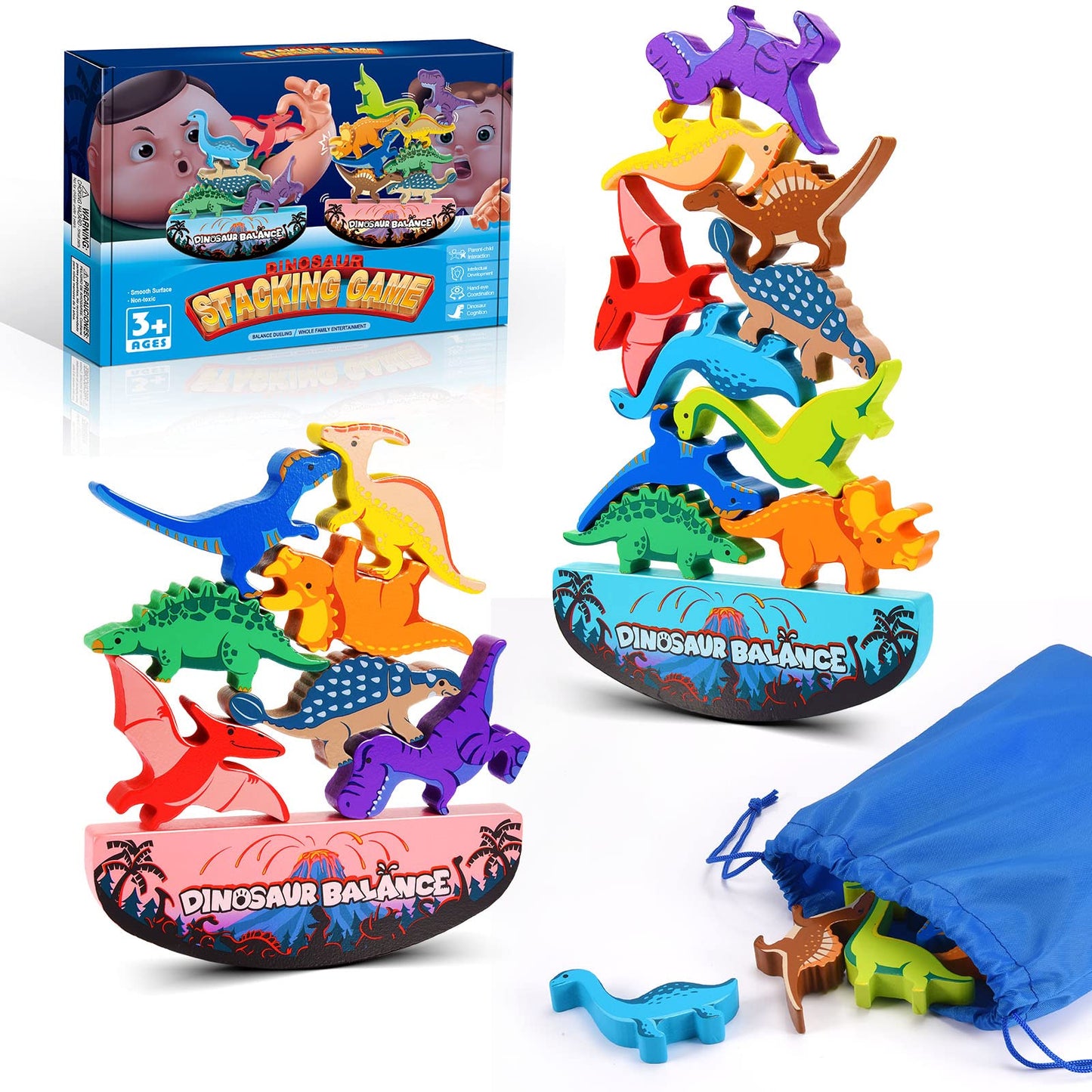 IPOURUP Dinosaur Stacking Blocks – Montessori Wooden Toys for Ages 3-7 (Double Version)