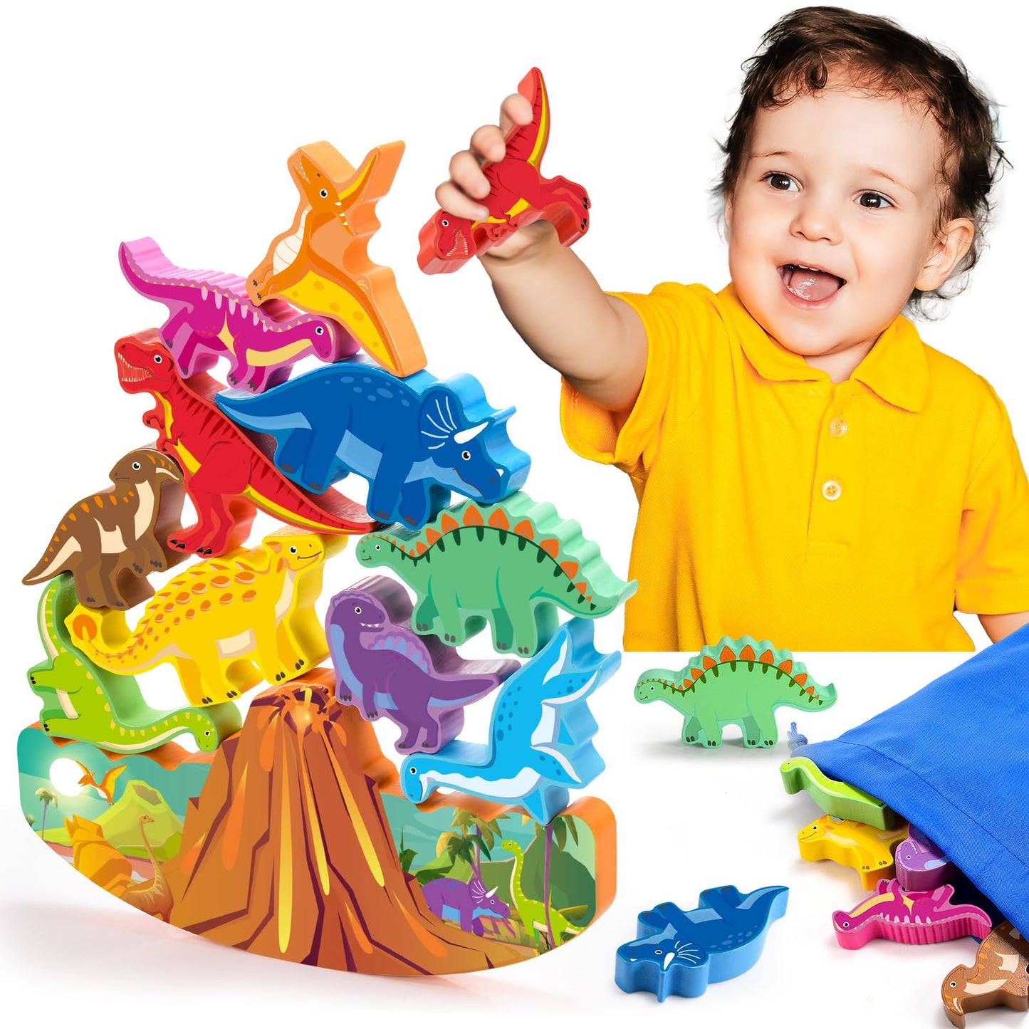 IPOURUP Dinosaur Stacking Blocks – Montessori Wooden Toy for 3-8 Kids | Balance & Color Discovery