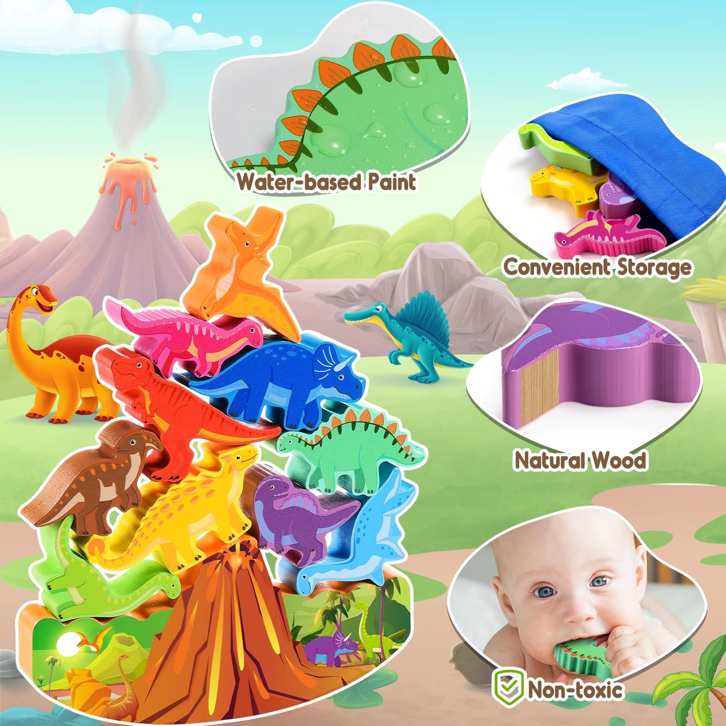 IPOURUP Dinosaur Stacking Blocks – Montessori Wooden Toy for 3-8 Kids | Balance & Color Discovery