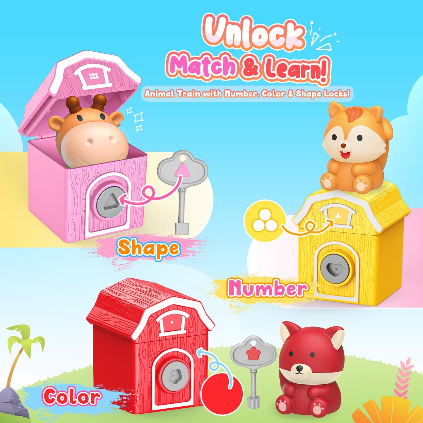 IPOURUP Animal Montessori Train Toys for 2-5 Year Olds – Locks & Keys, Counting & Sorting