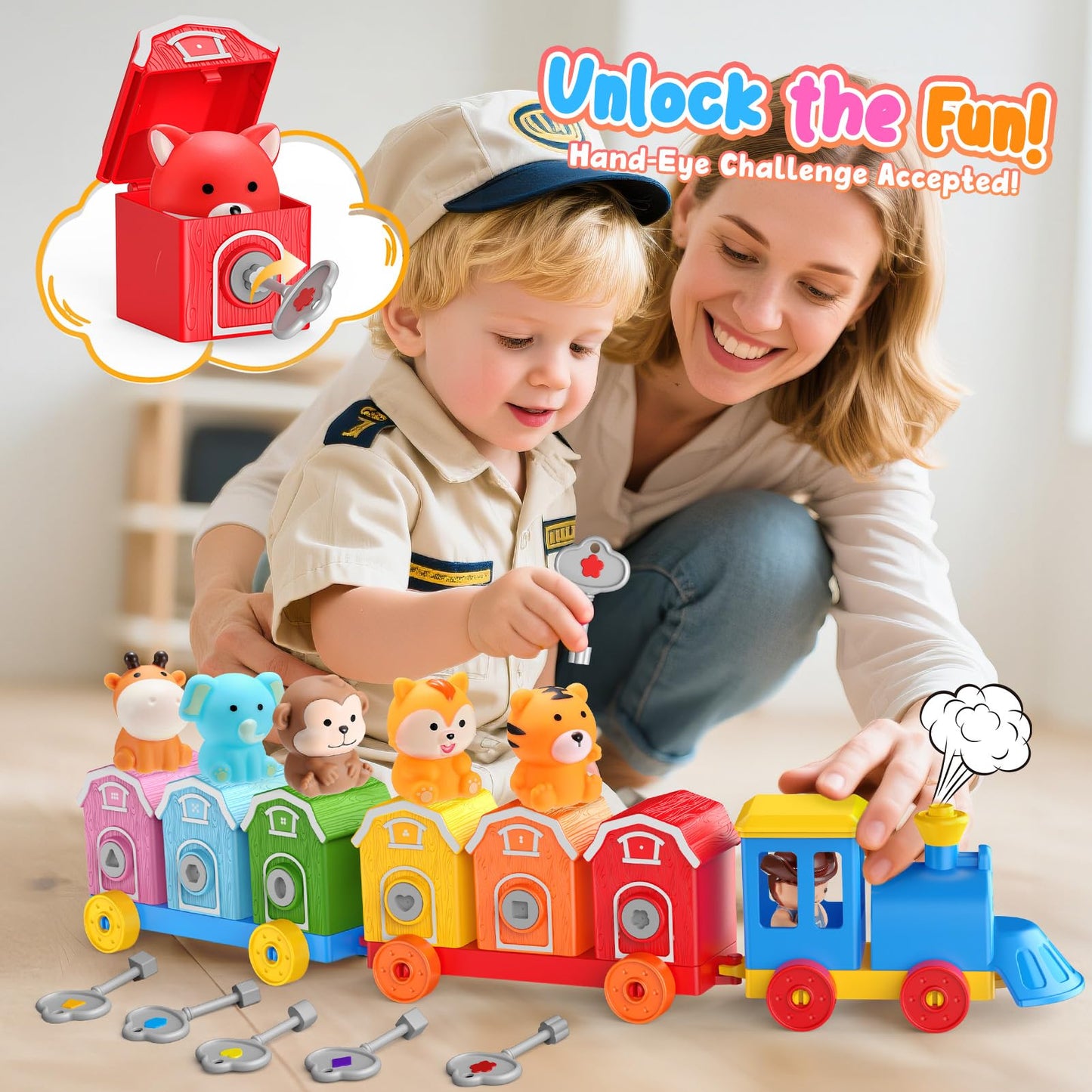 IPOURUP Animal Montessori Train Toys for 2-5 Year Olds – Locks & Keys, Counting & Sorting