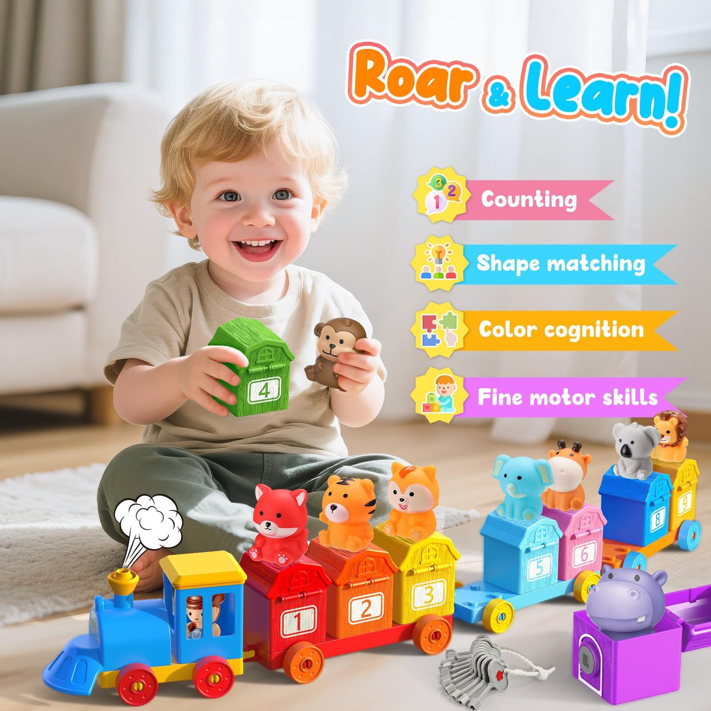 IPOURUP Animal Montessori Train Toys for 2-5 Year Olds – Locks & Keys, Counting & Sorting