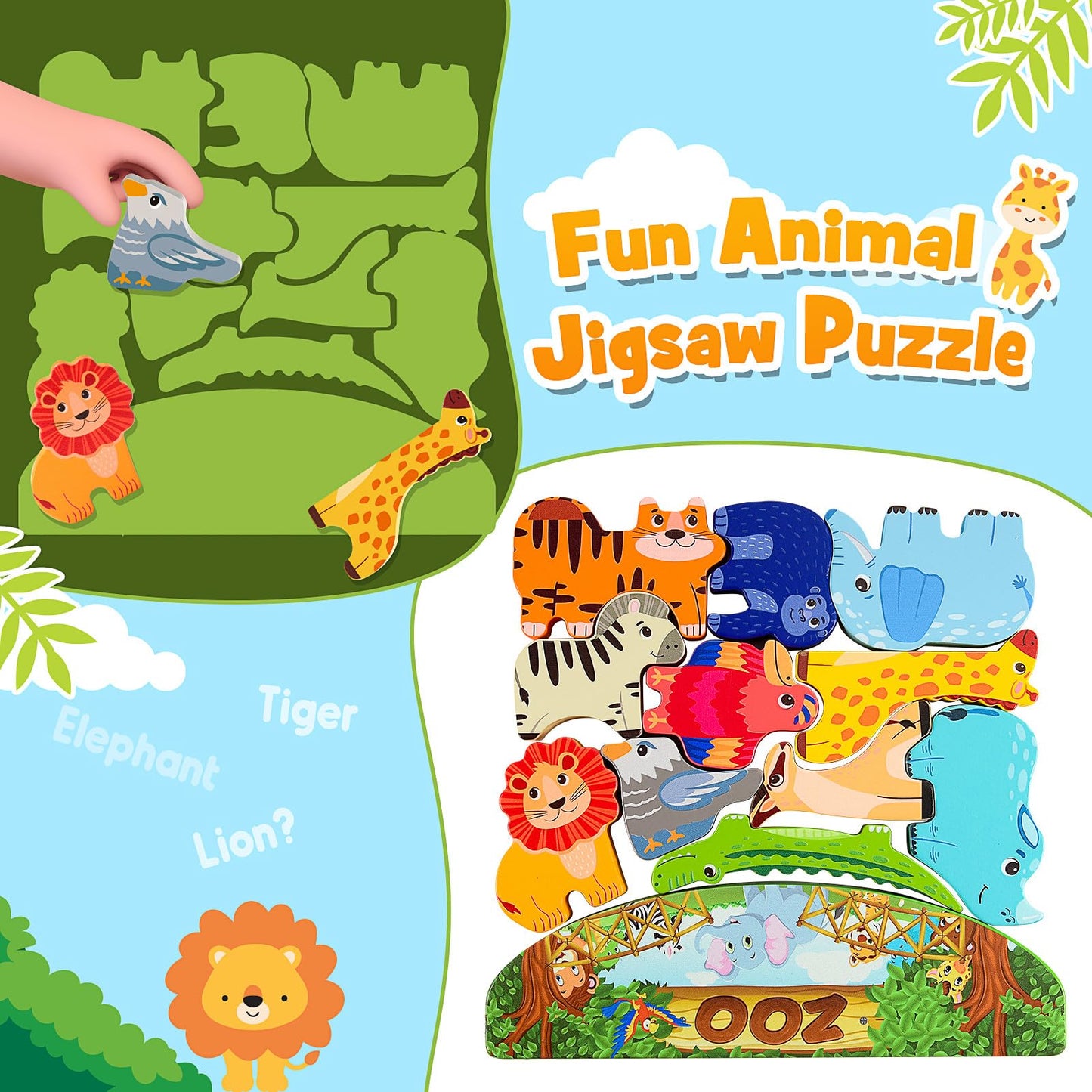IPOURUP Wooden Animal Blocks Stacking Toy – Montessori Balance and Fine Motor for Kids 3-7