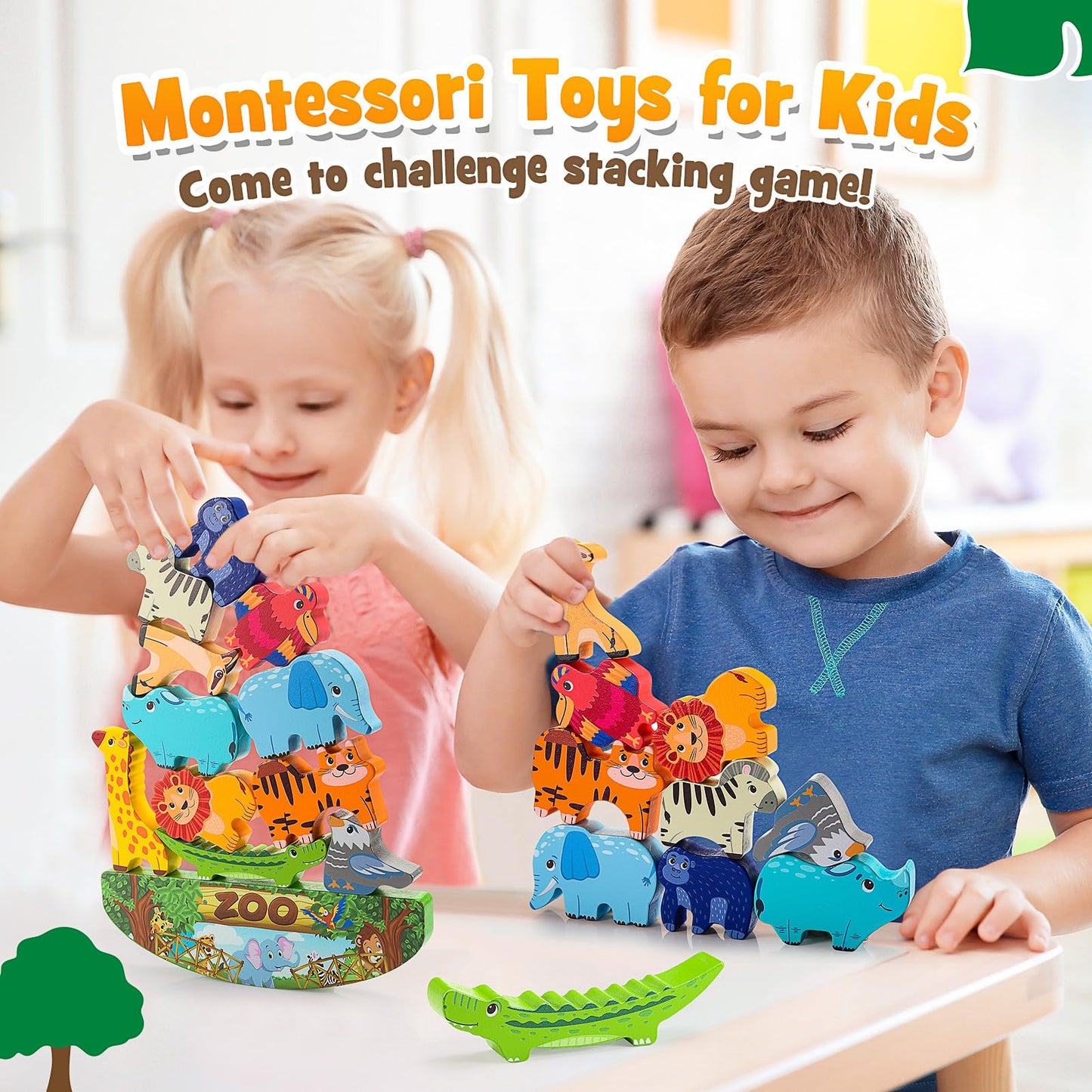 IPOURUP Wooden Animal Blocks Stacking Toy – Montessori Balance and Fine Motor for Kids 3-7