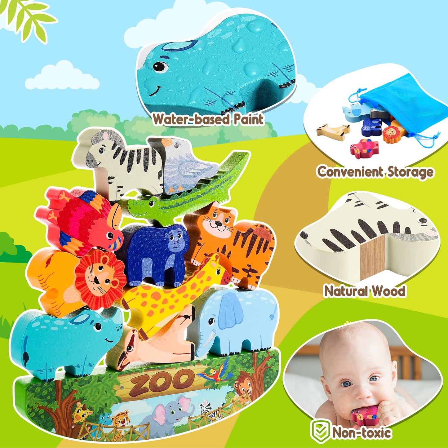 IPOURUP Wooden Animal Blocks Stacking Toy – Montessori Balance and Fine Motor for Kids 3-7