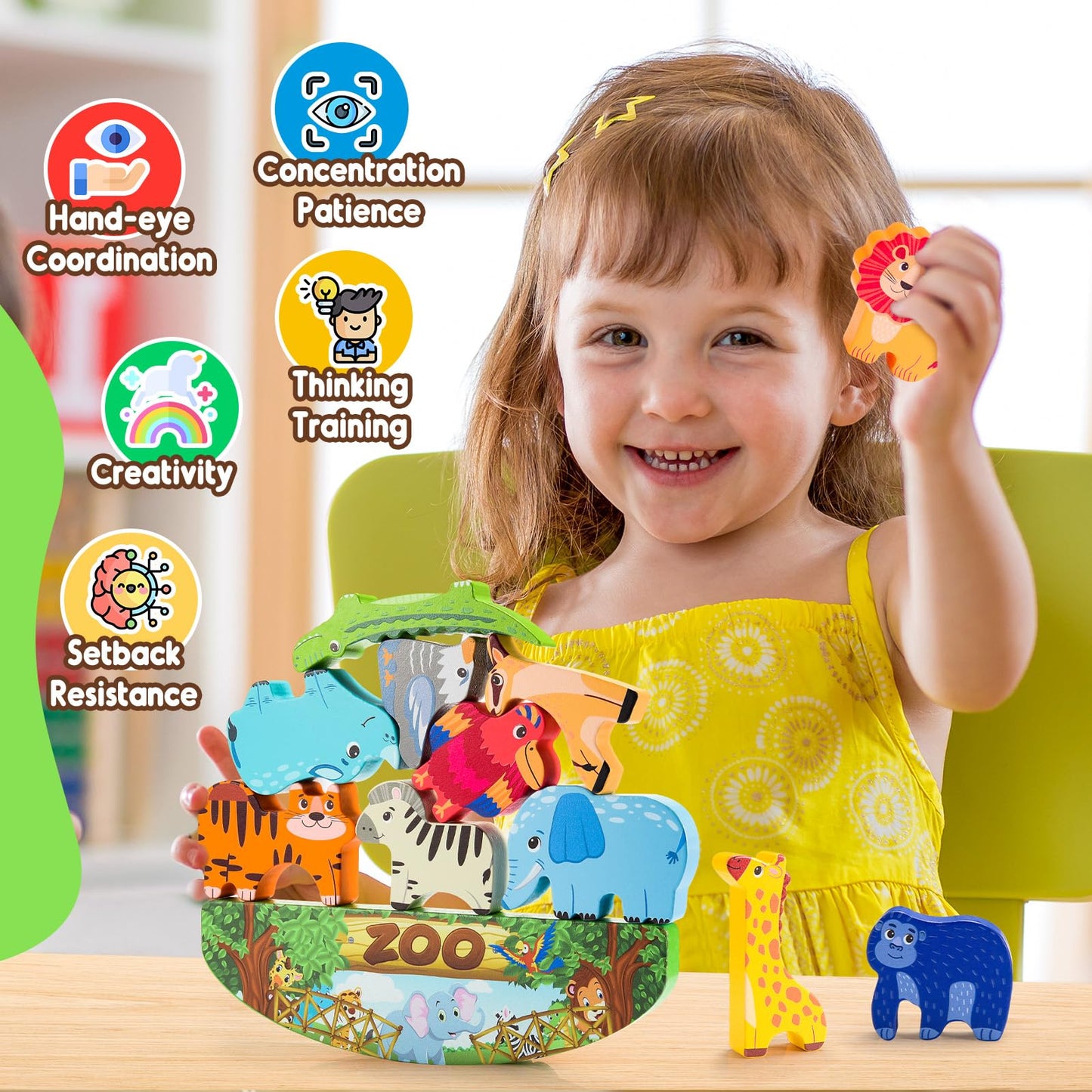 IPOURUP Wooden Animal Blocks Stacking Toy – Montessori Balance and Fine Motor for Kids 3-7