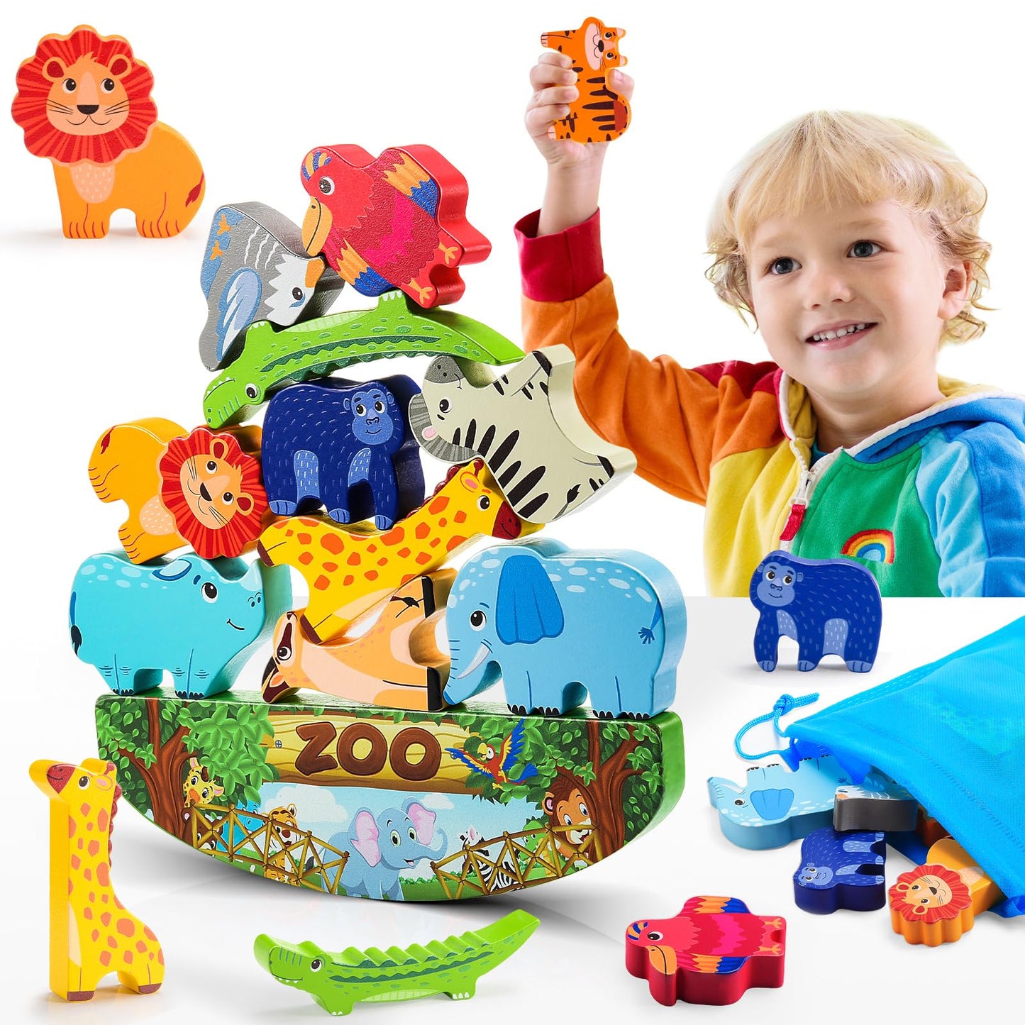IPOURUP Wooden Animal Blocks Stacking Toy – Montessori Balance and Fine Motor for Kids 3-7