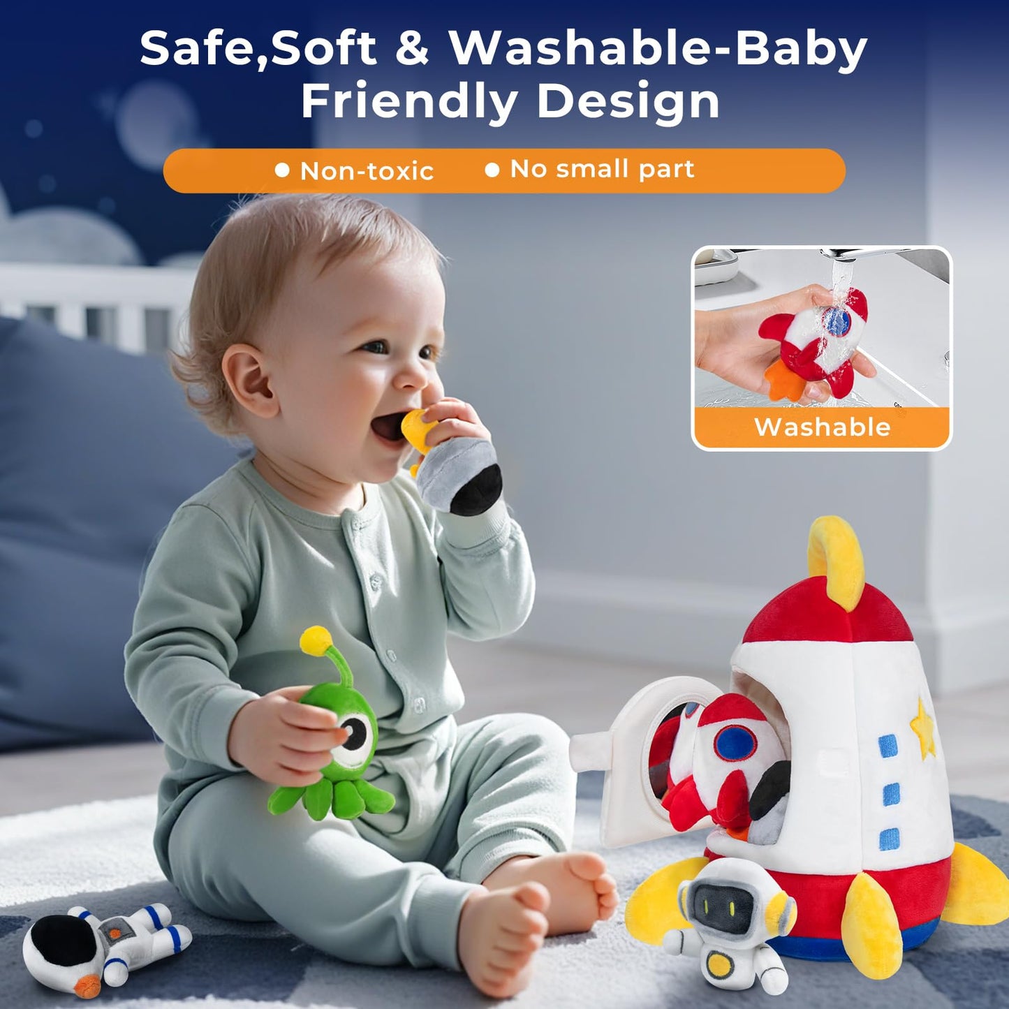 IPOZITO Soft Rocket Baby Toy – 6-12 Months, 5 Sensory Plush, Montessori