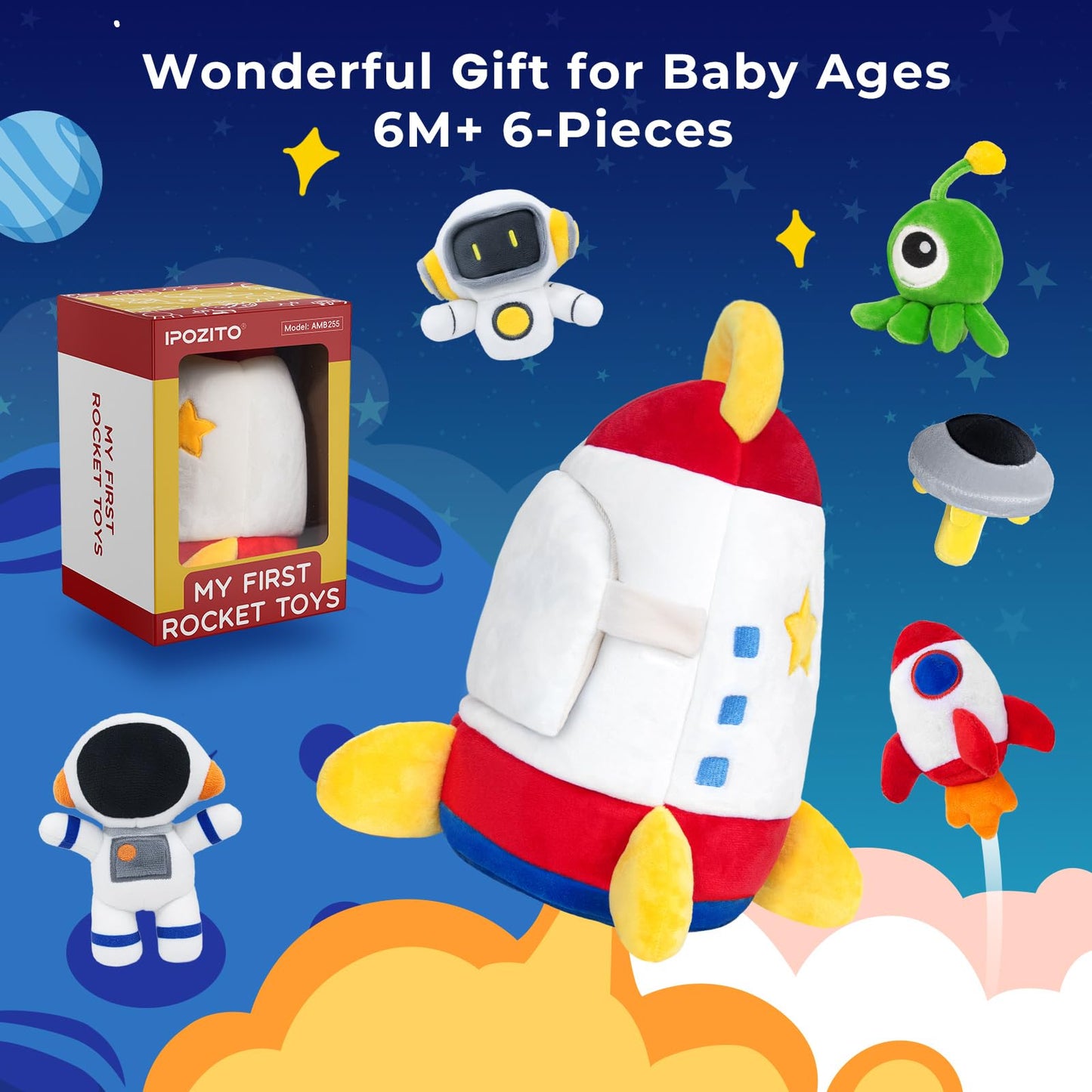 IPOZITO Soft Rocket Baby Toy – 6-12 Months, 5 Sensory Plush, Montessori