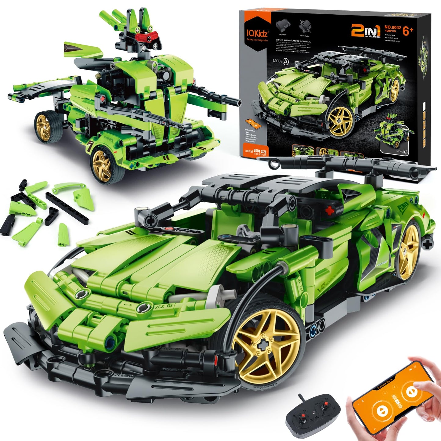 IQKidz 2-in-1 RC Race Car & Robot Building Kit for Kids (Ages 6-12+)