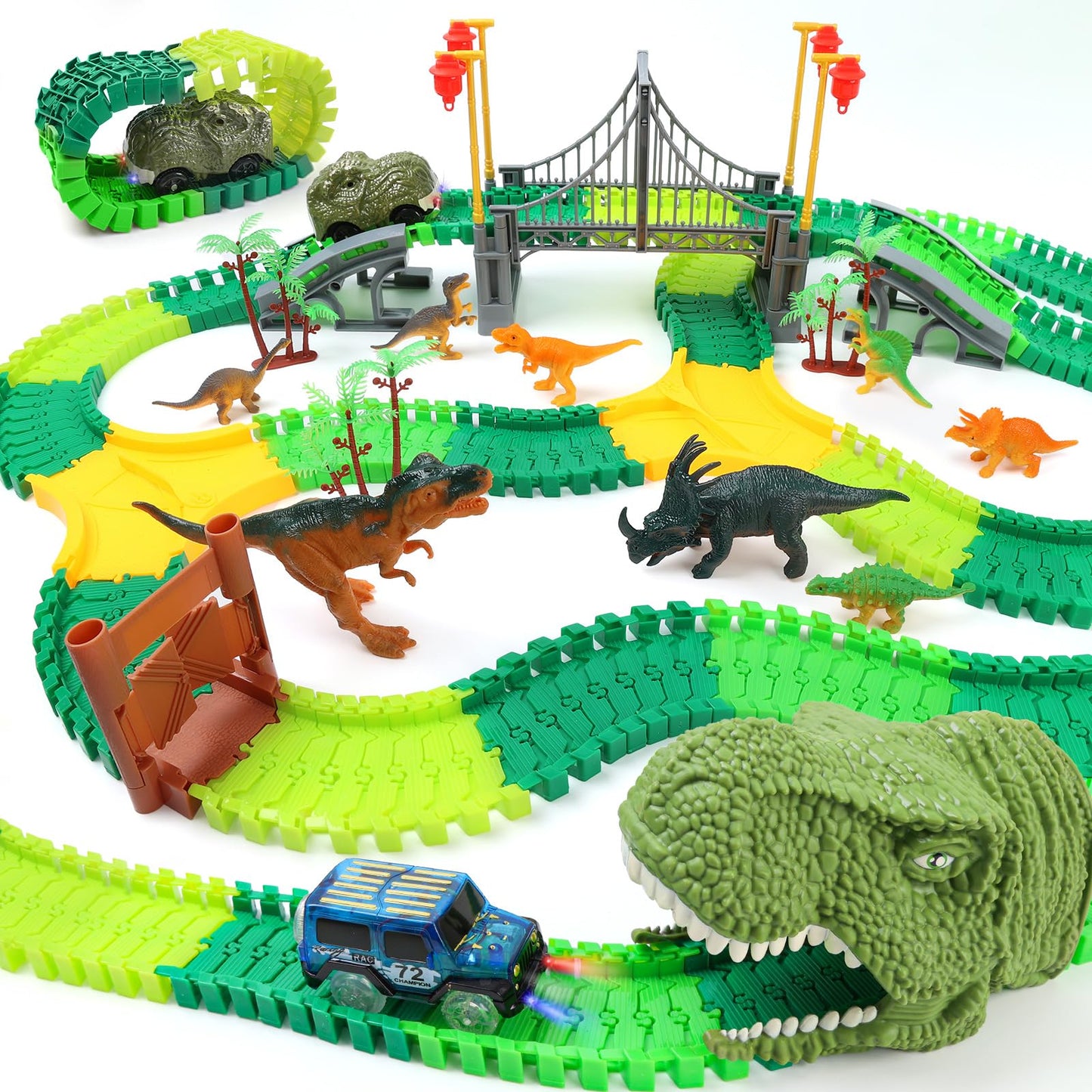 IQKidz Dinosaur World Race Track Toys – 216-Piece Flexible Track Set with Cars & Dino Figures