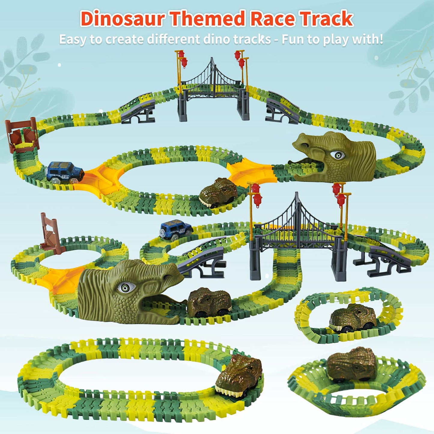 IQKidz Dinosaur World Race Track Toys – 216-Piece Flexible Track Set with Cars & Dino Figures