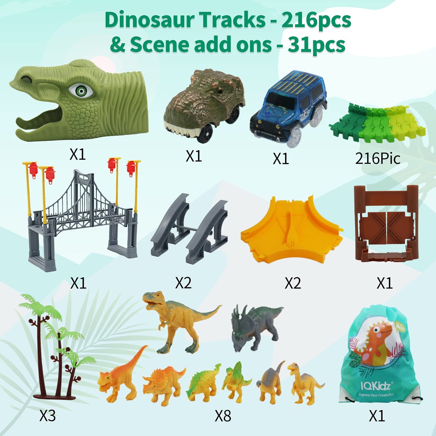 IQKidz Dinosaur World Race Track Toys – 216-Piece Flexible Track Set with Cars & Dino Figures