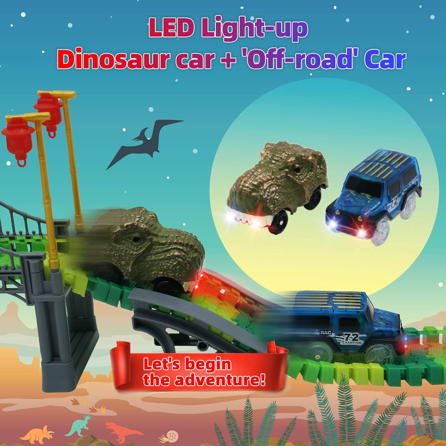 IQKidz Dinosaur World Race Track Toys – 216-Piece Flexible Track Set with Cars & Dino Figures