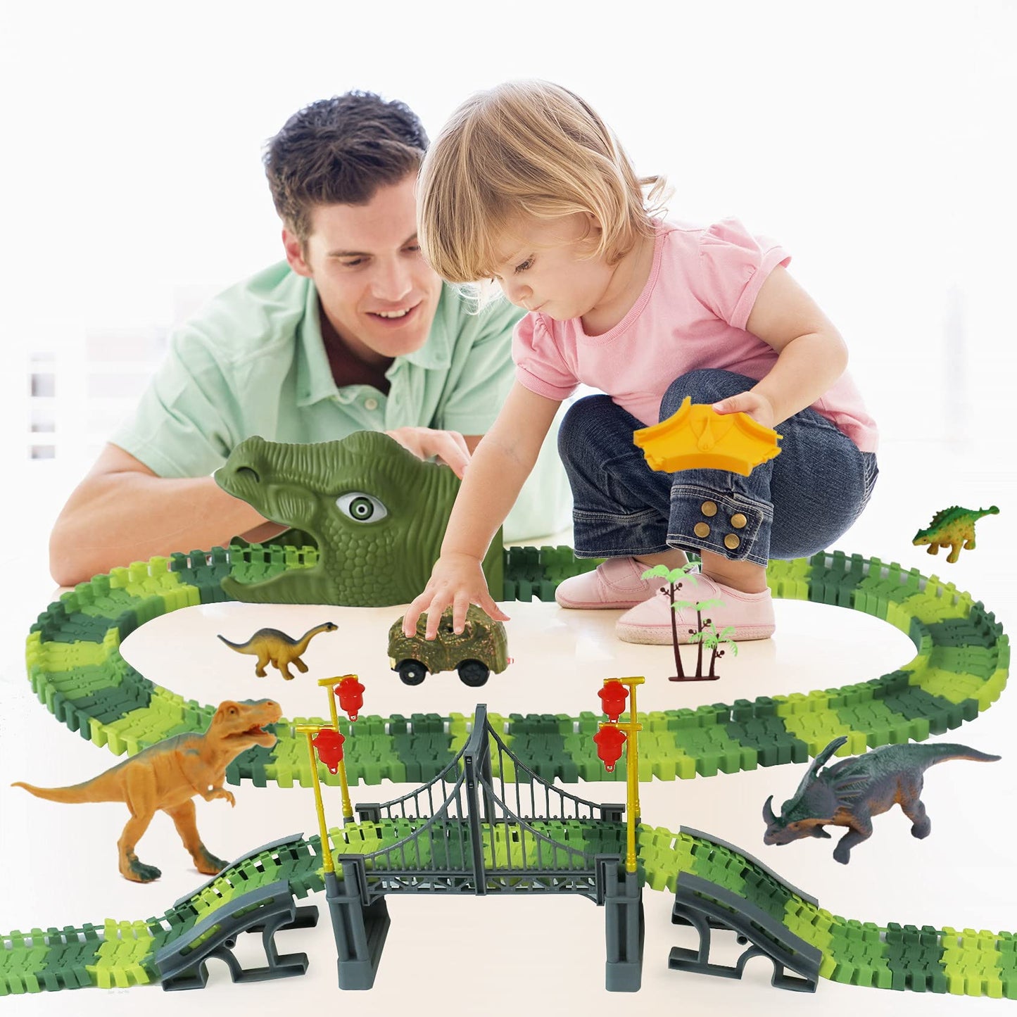 IQKidz Dinosaur World Race Track Toys – 216-Piece Flexible Track Set with Cars & Dino Figures
