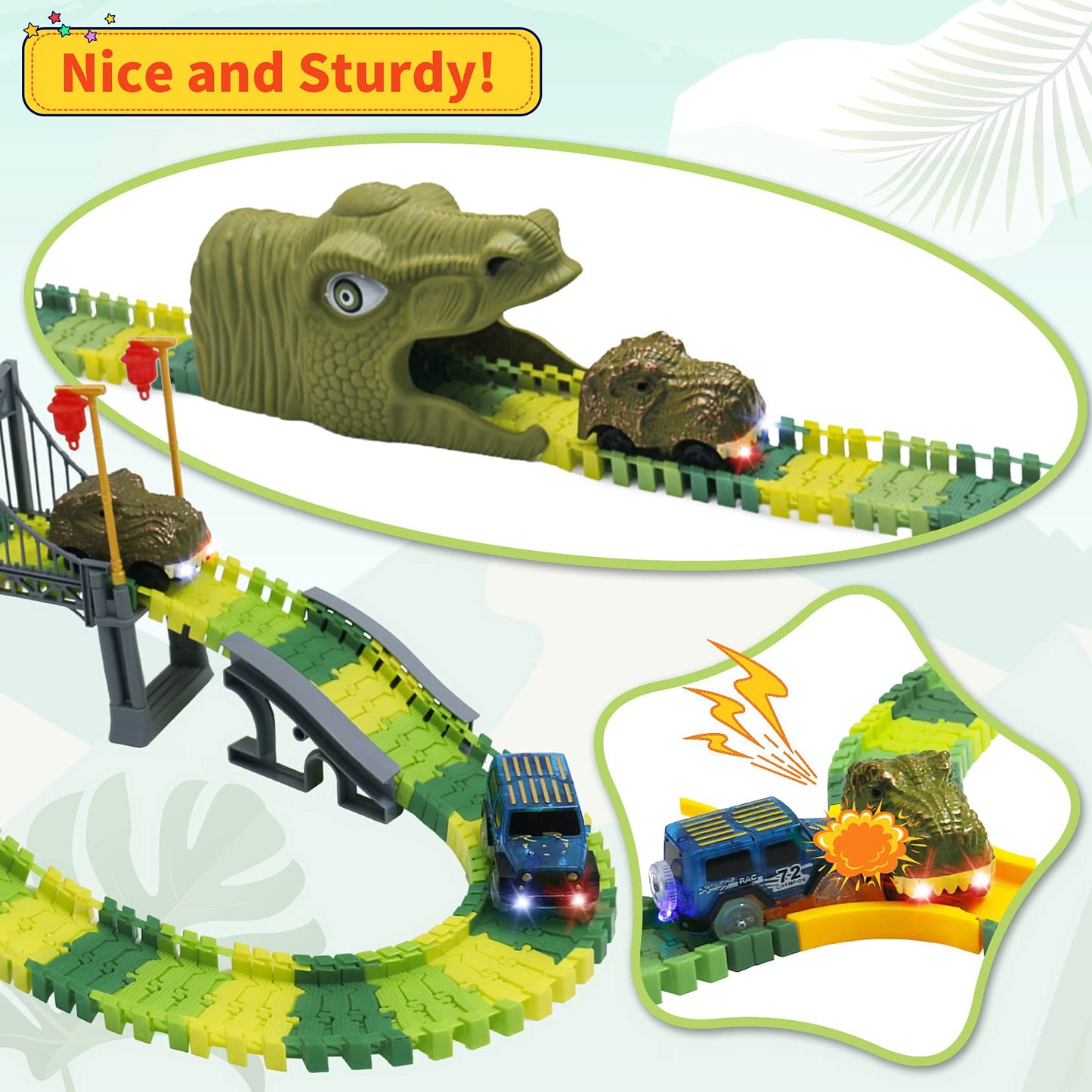 IQKidz Dinosaur World Race Track Toys – 216-Piece Flexible Track Set with Cars & Dino Figures