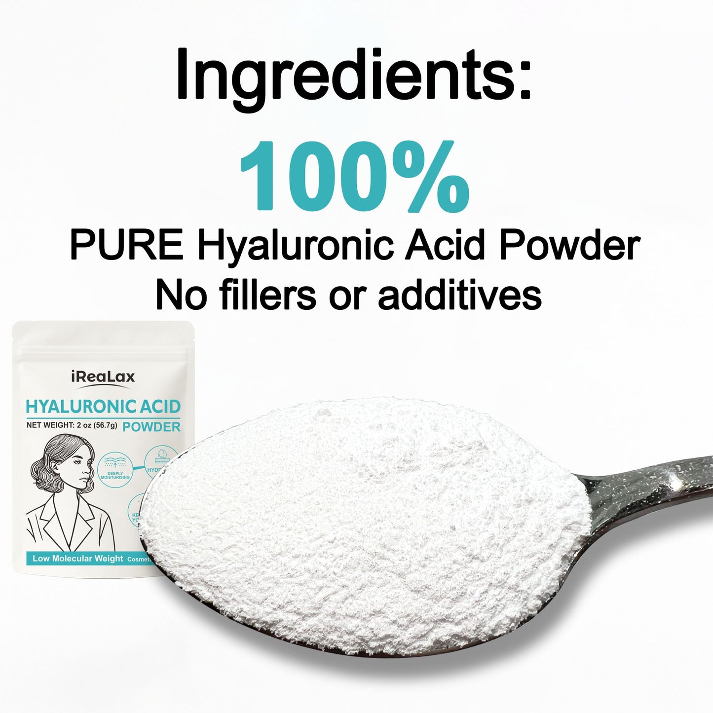 iReaLax Hyaluronic Acid Powder – Low Molecular Weight HA for DIY Serums | 2oz Cosmetic Grade | Sodium Hyaluronate