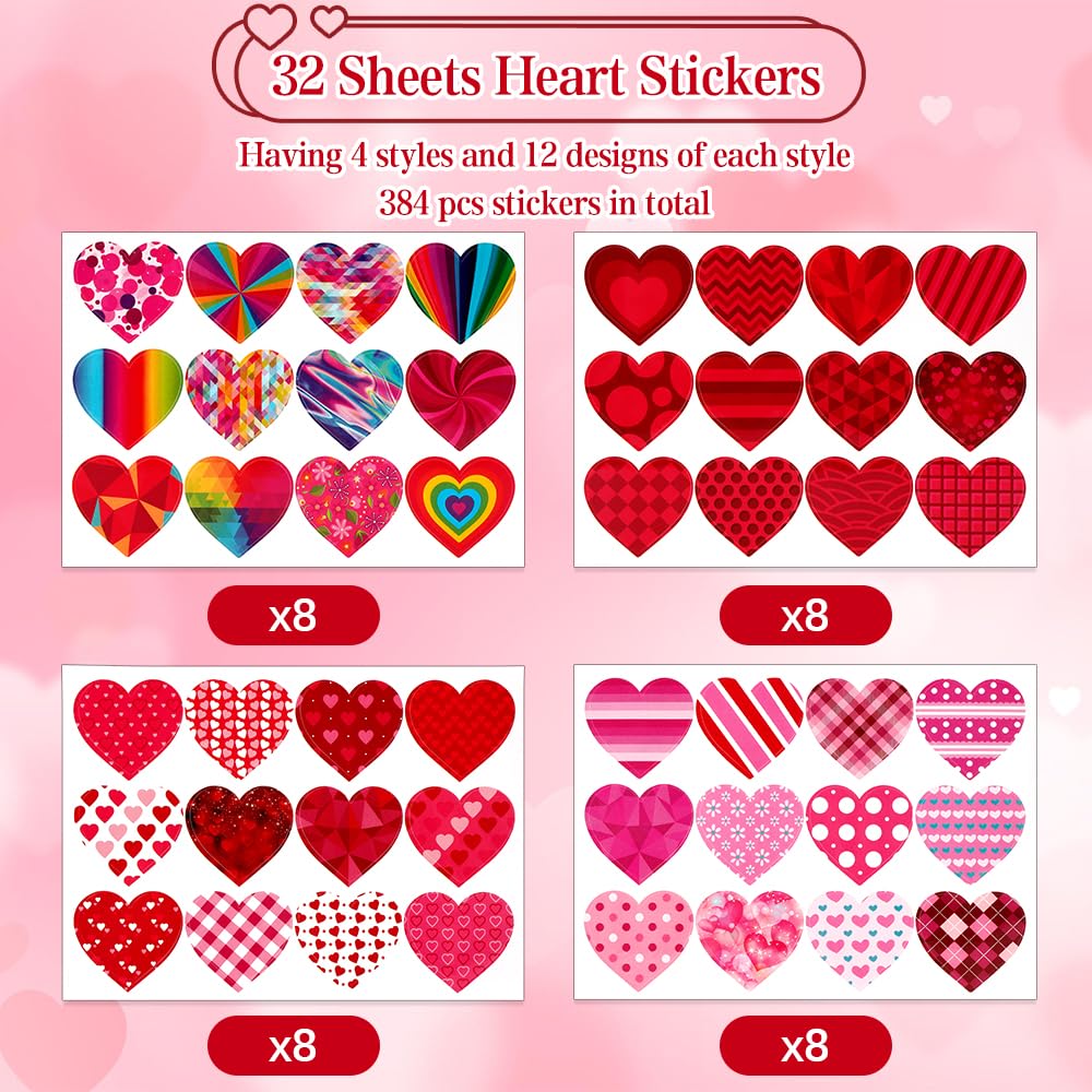 iRFKCIOW Valentine Stickers 32 Sheets – 384 Hearts for Gifts, Cards & Crafts