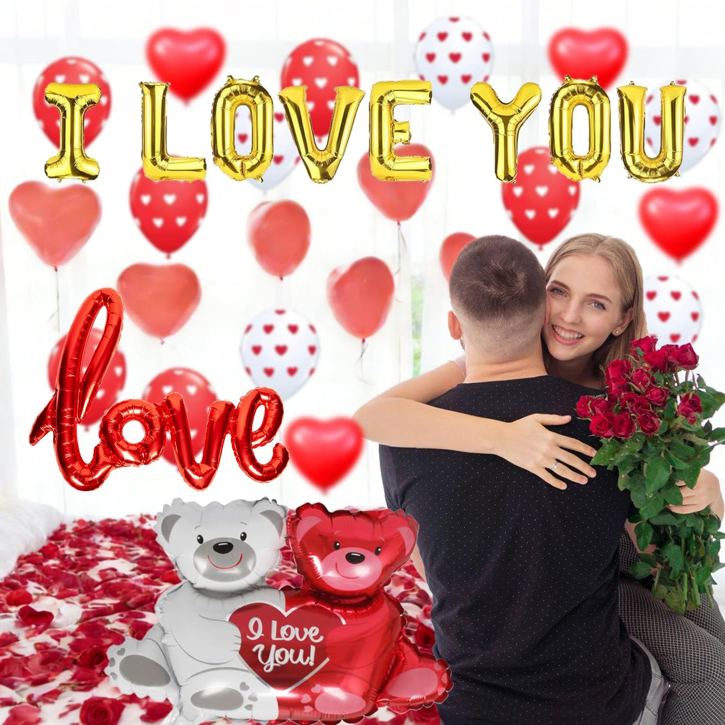 IROUHOR Valentines Day Balloons Decorations Kit – I Love You & Heart Balloons with 1000 Red Silk Petals