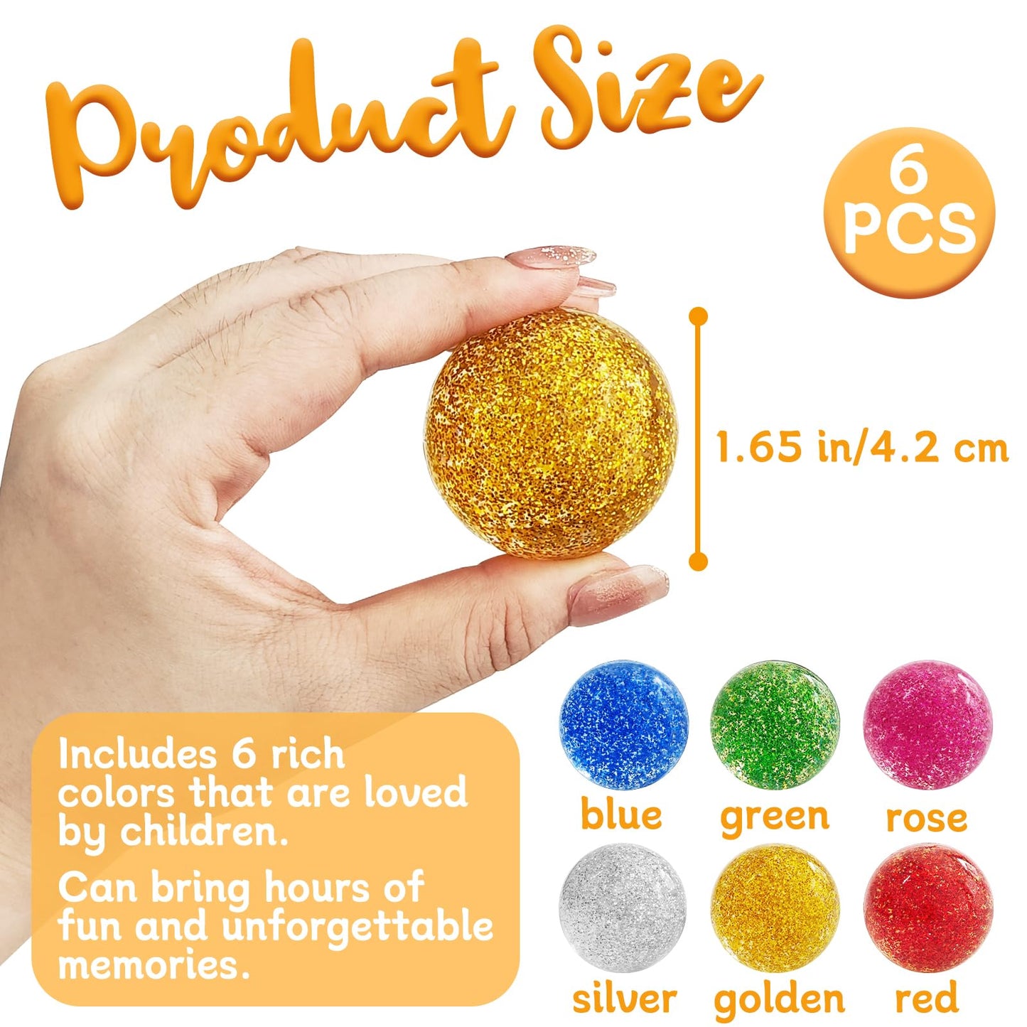 Irrmshr Glitter Bounce Balls – 6-Pack 42mm Large Rubber Bouncy Balls for Kids, Party Favors & Classroom Prizes