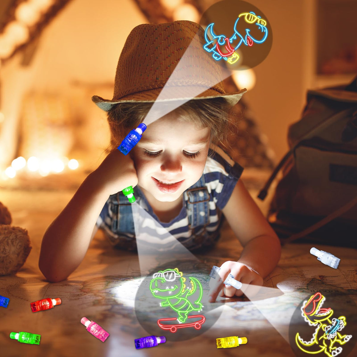 iRugosa hapfyer 24PCS LED Finger Lights – Dinosaur Theme Glow-in-the-Dark Party Favors for Kids