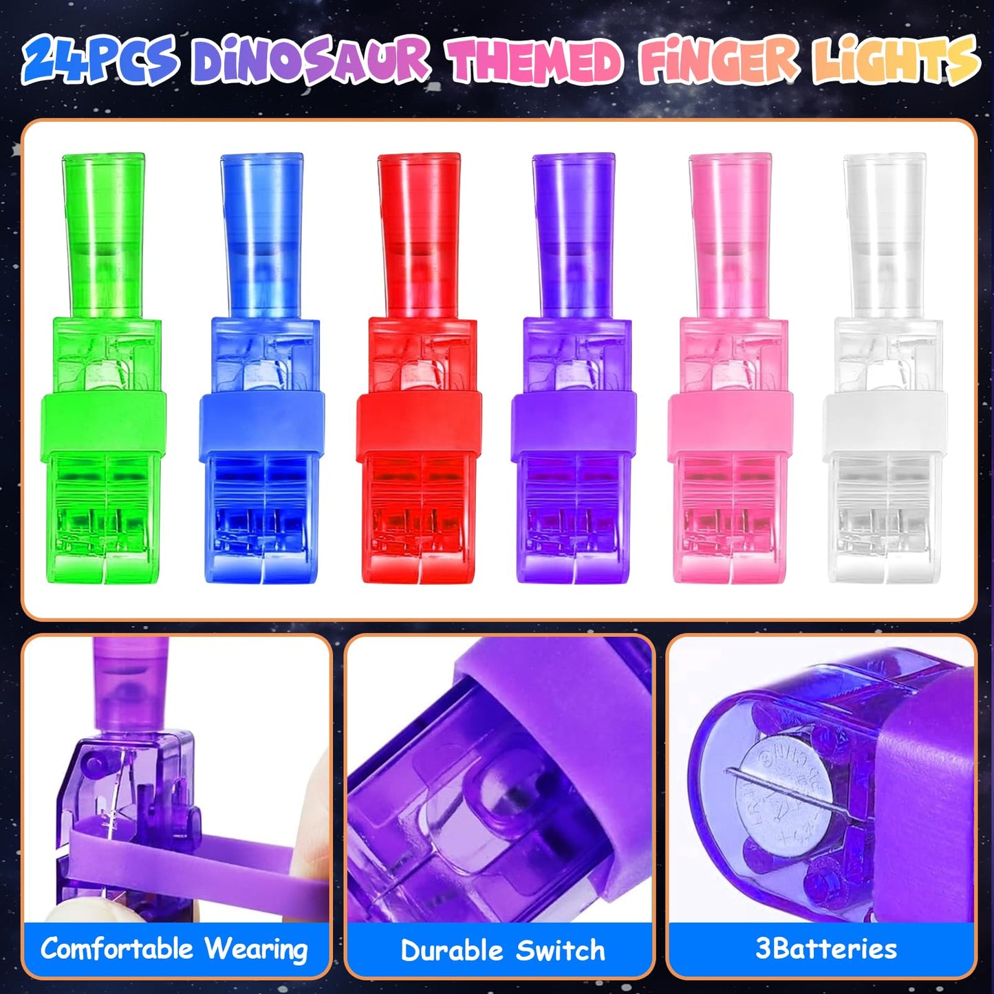 iRugosa hapfyer 24PCS LED Finger Lights – Dinosaur Theme Glow-in-the-Dark Party Favors for Kids