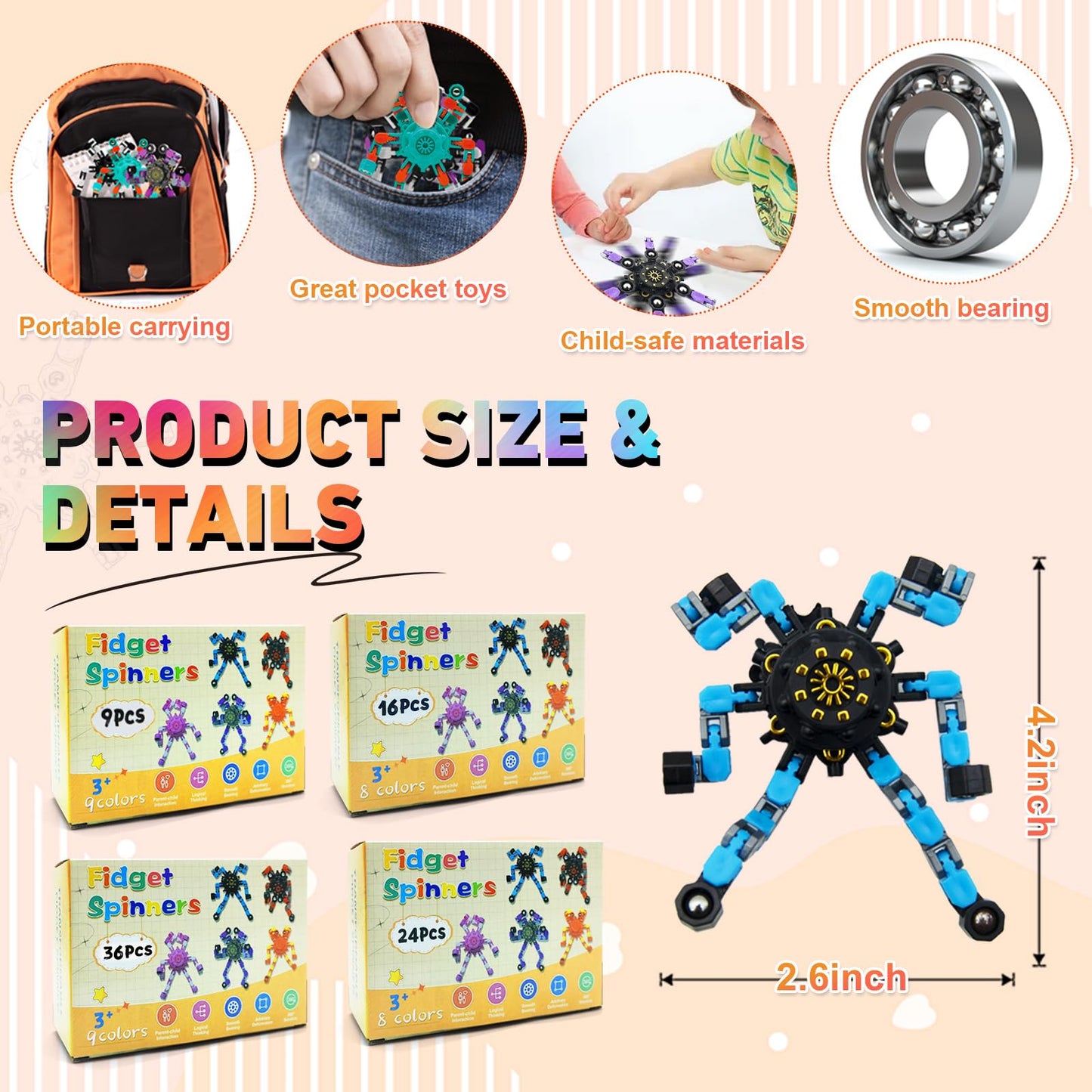 Irvotbes Transformable Fidget Spinners – 16pc Deformable Chain DIY Robot Fingertip Gyros for Stress Relief
