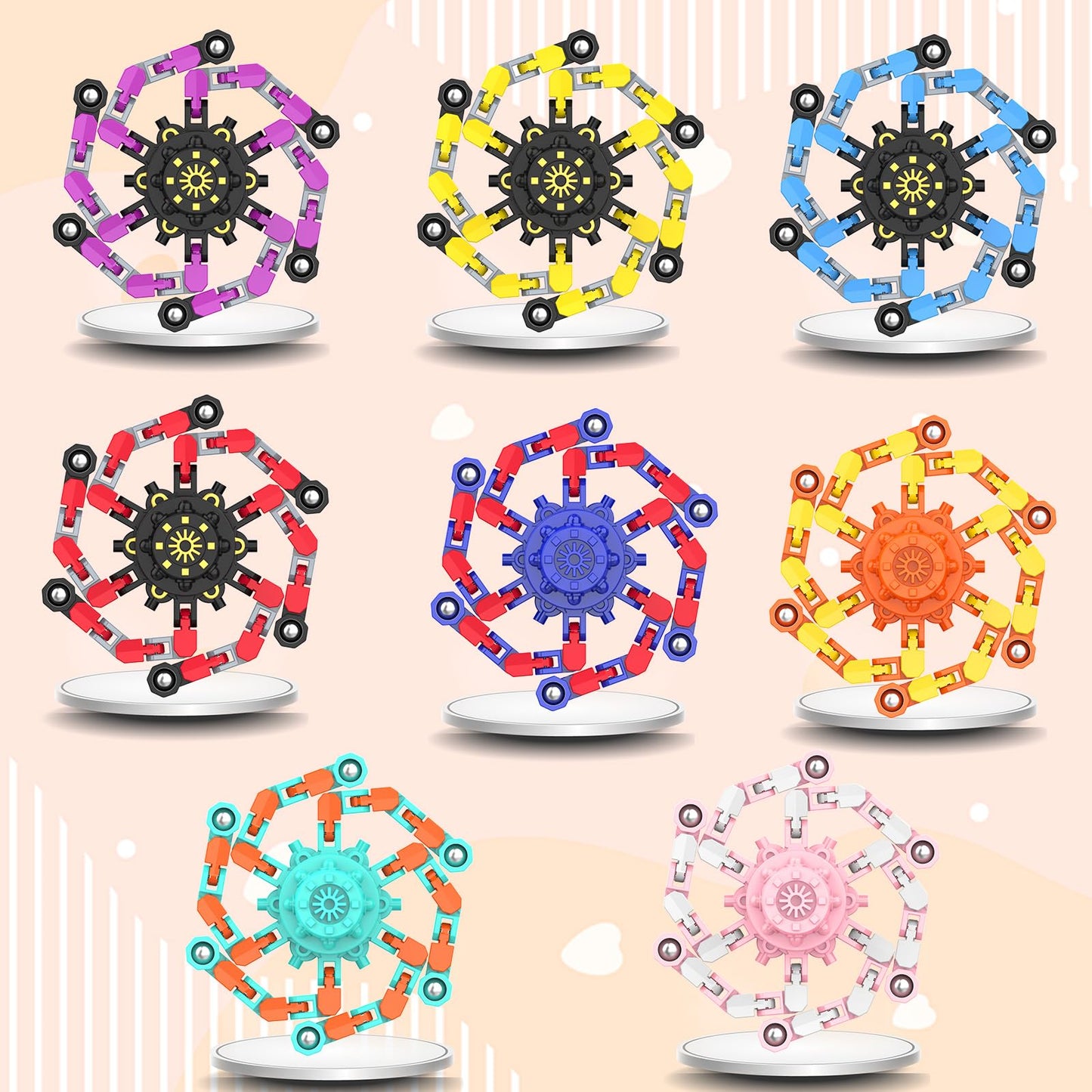 Irvotbes Transformable Fidget Spinners – 16pc Deformable Chain DIY Robot Fingertip Gyros for Stress Relief