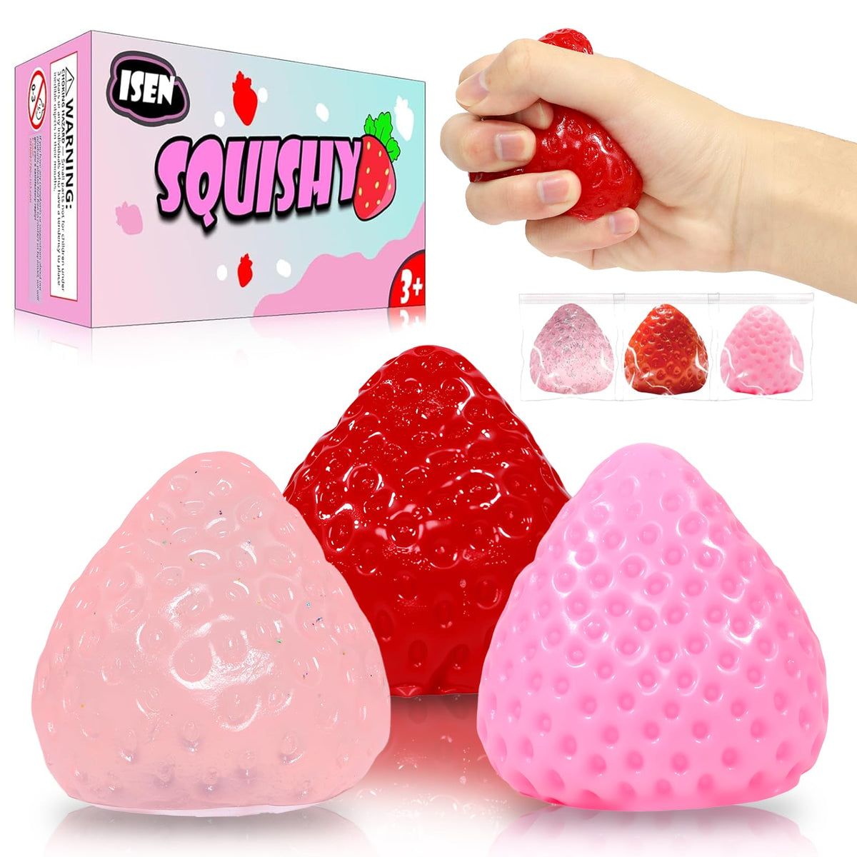 ISEN 3 Pcs Big Taba Strawberry Squishies – 2.56 in Kawaii Fidget Toys Gift Set