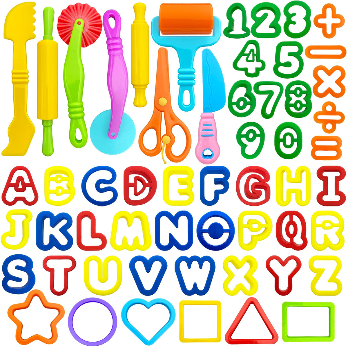 iShyan Dough Tools 55 PCS – Kids Dough Play Set with Alphabet, Numbers & Shapes