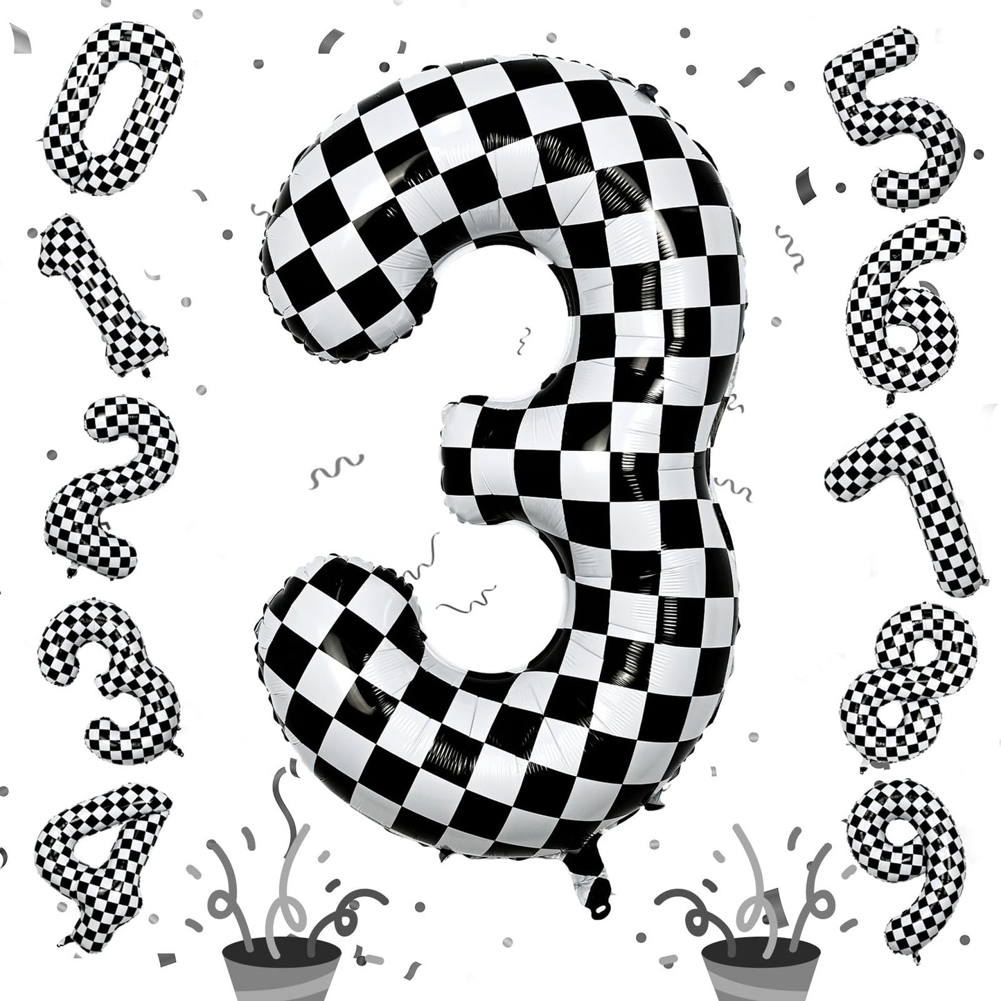 Isndare 40-Inch Checkered Racing Number 3 Balloon – Self-Inflating Black & White Birthday Balloon
