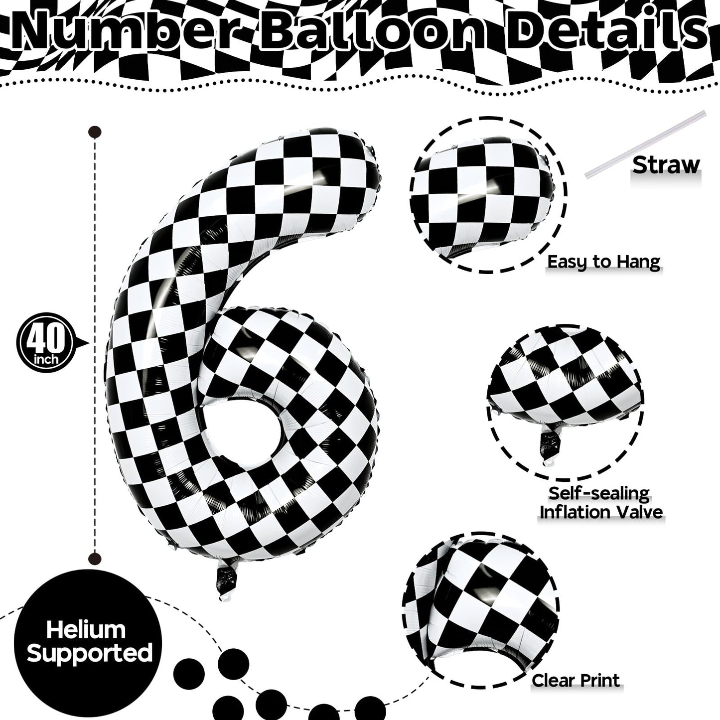 Isndare Giant Number Balloon 6 (40-inch) – Black & White Checkered Self-Inflating Foil Balloons for Kids' Birthday Party