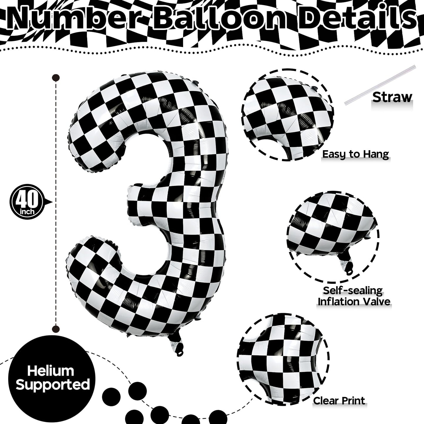 Isndare 40-Inch Checkered Racing Number 3 Balloon – Self-Inflating Black & White Birthday Balloon