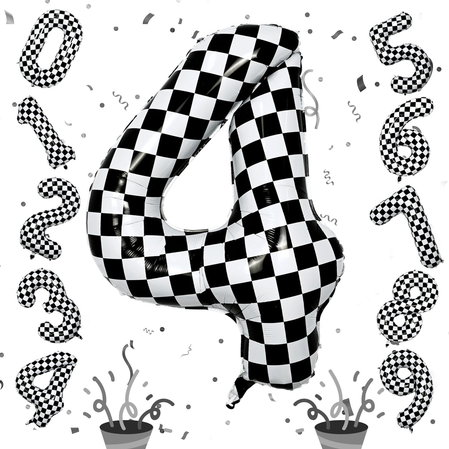Isndare Large Foil Number 4 Balloon – 40 Inch Checkered Black & White Party Decor