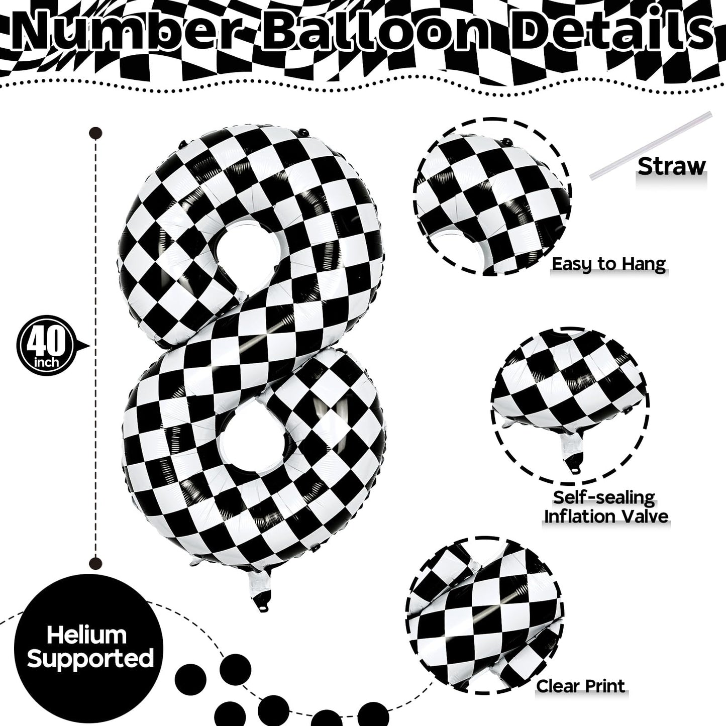 Isndare Foil 40in 8th Birthday Balloon - Checkered Black & White Number 8