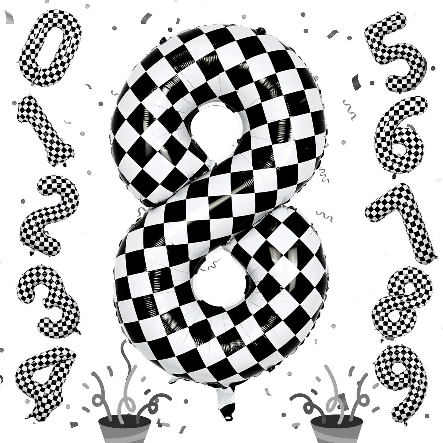 Isndare Foil 40in 8th Birthday Balloon - Checkered Black & White Number 8