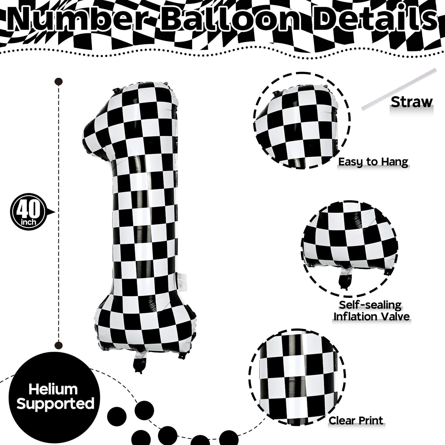 Isndare Checkered Number 1 Balloon - 40-Inch Self-Inflating Foil Birthday Balloons