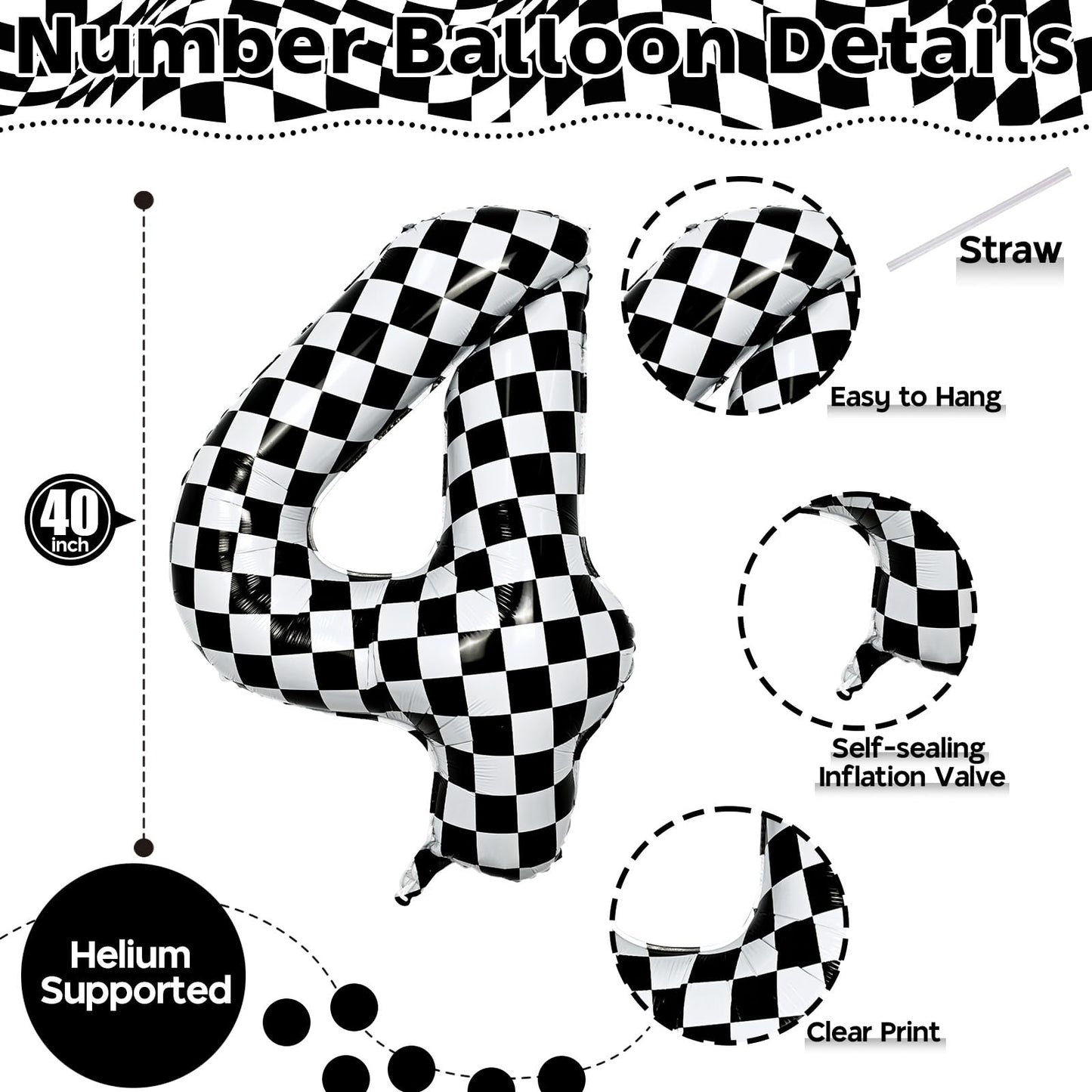 Isndare Large Foil Number 4 Balloon – 40 Inch Checkered Black & White Party Decor