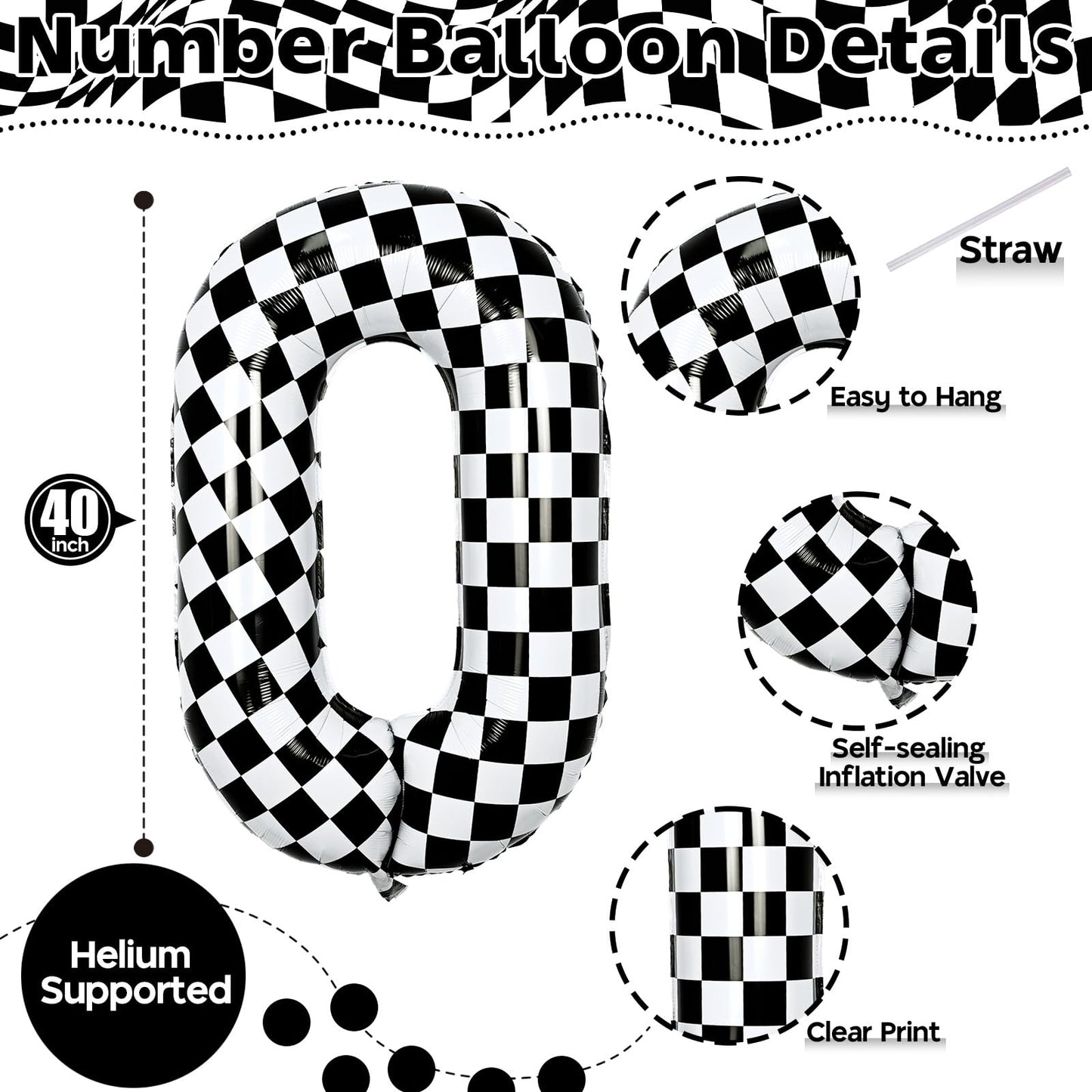 Isndare 40in Black and White Checkered 0 Balloon – Giant Foil Number 0 for Parties