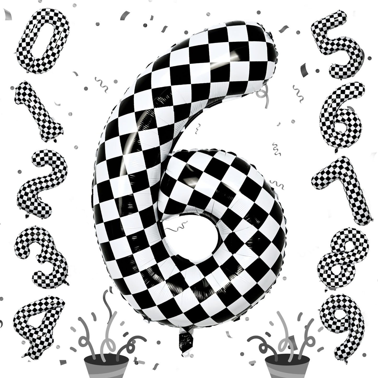 Isndare Giant Number Balloon 6 (40-inch) – Black & White Checkered Self-Inflating Foil Balloons for Kids' Birthday Party