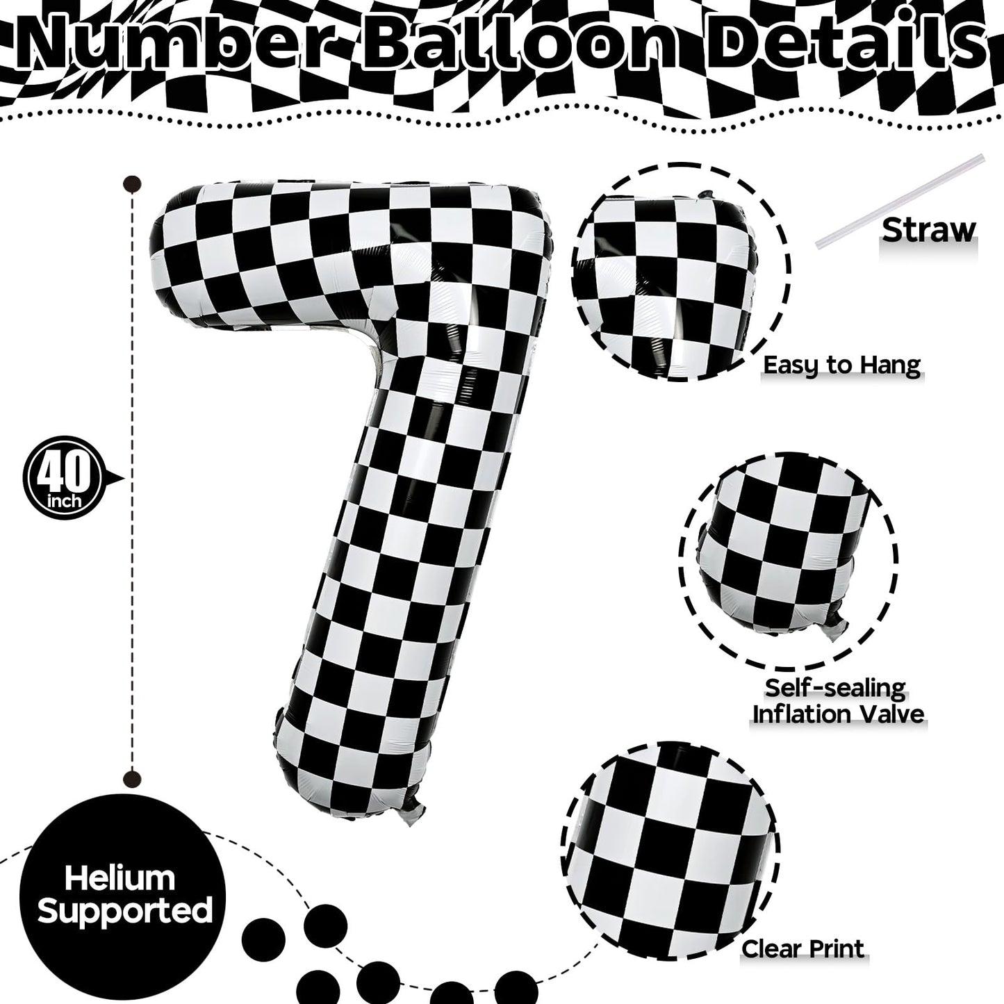 Isndare 40-Inch Black & White Checkered Number 7 Balloon – Giant Self-Inflating Birthday Decor
