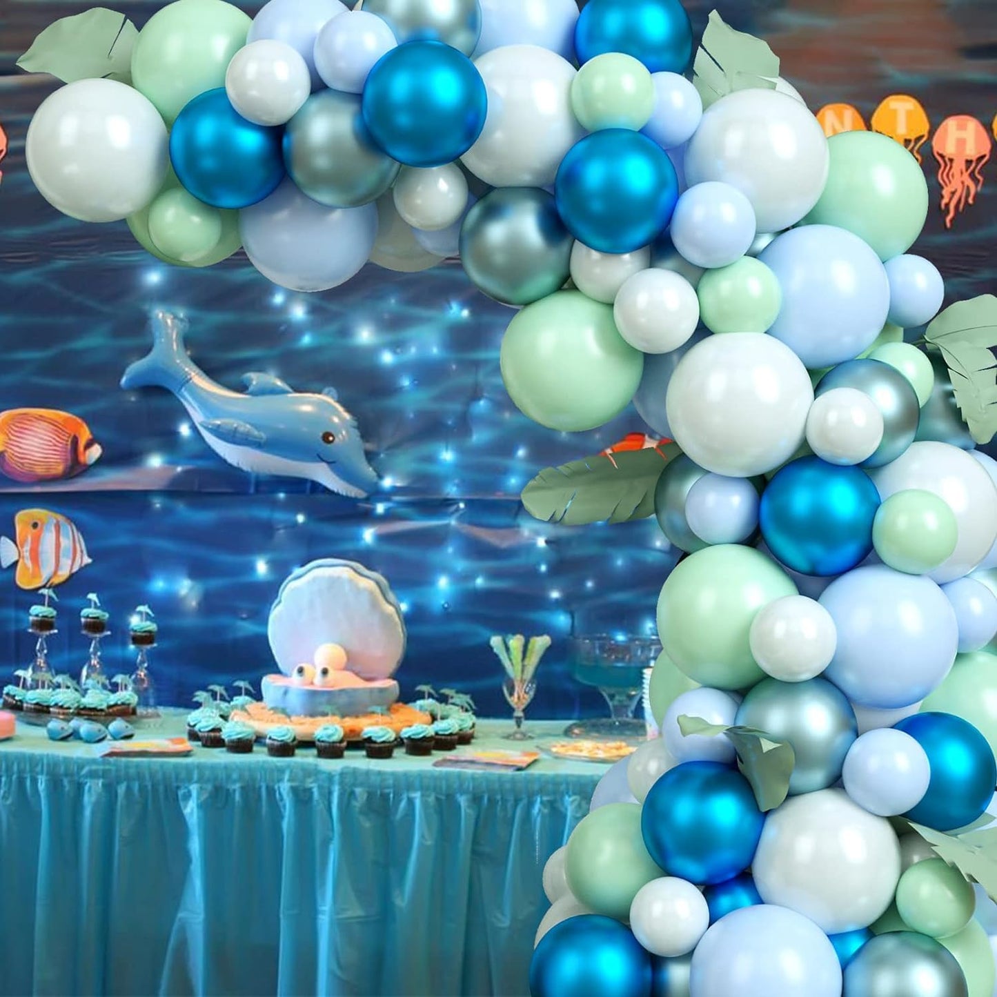 Isndare Green Blue White Balloons – 60pc Set, 12in Ocean Theme Balloons for Under-the-Sea Parties