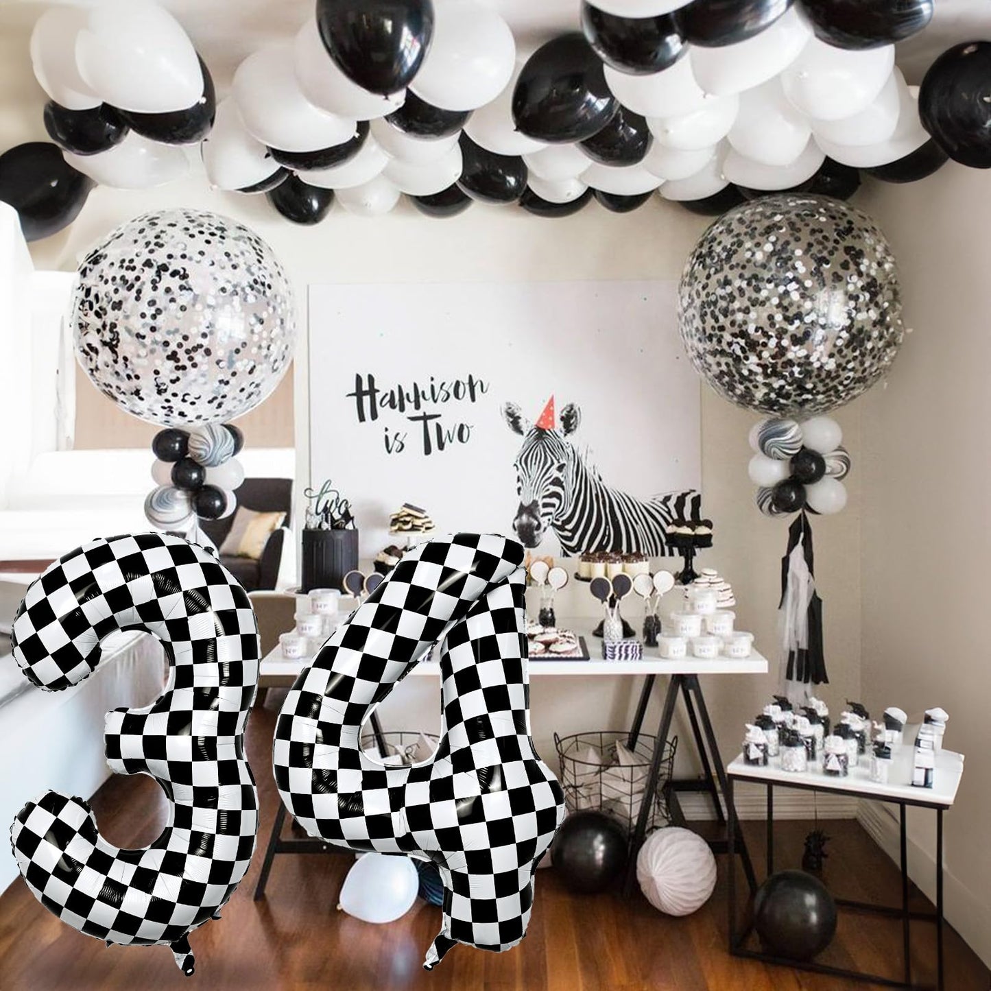 Isndare Large Foil Number 4 Balloon – 40 Inch Checkered Black & White Party Decor