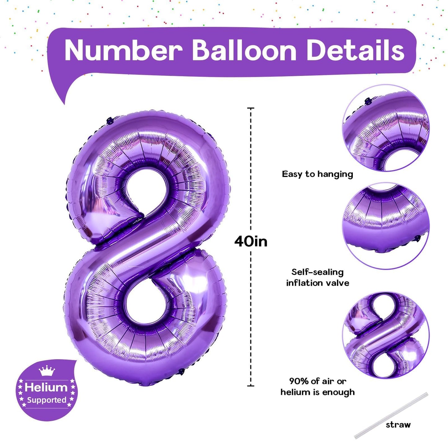 Isndare 40-Inch Purple 8 Balloon – Self-Inflating Foil Number Balloon for Birthdays