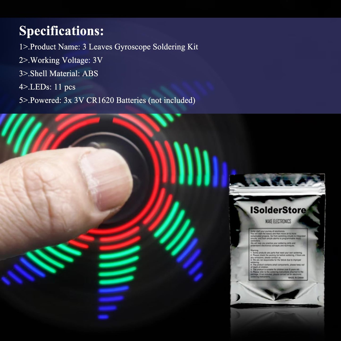 ISolderStore Soldering Practice Kit — 3 Leaves LED Rotating Gyroscope DIY Project