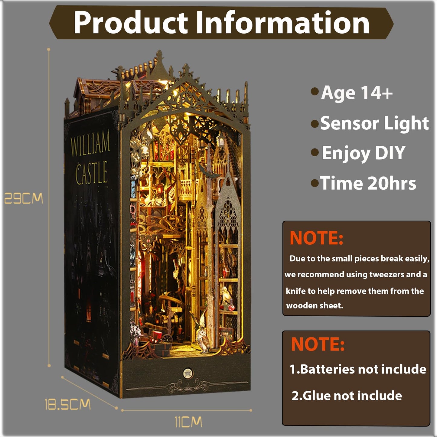 ISSEVE Book Nook Kit – Gothic Castle 3D Wooden Puzzle with Sensor Light