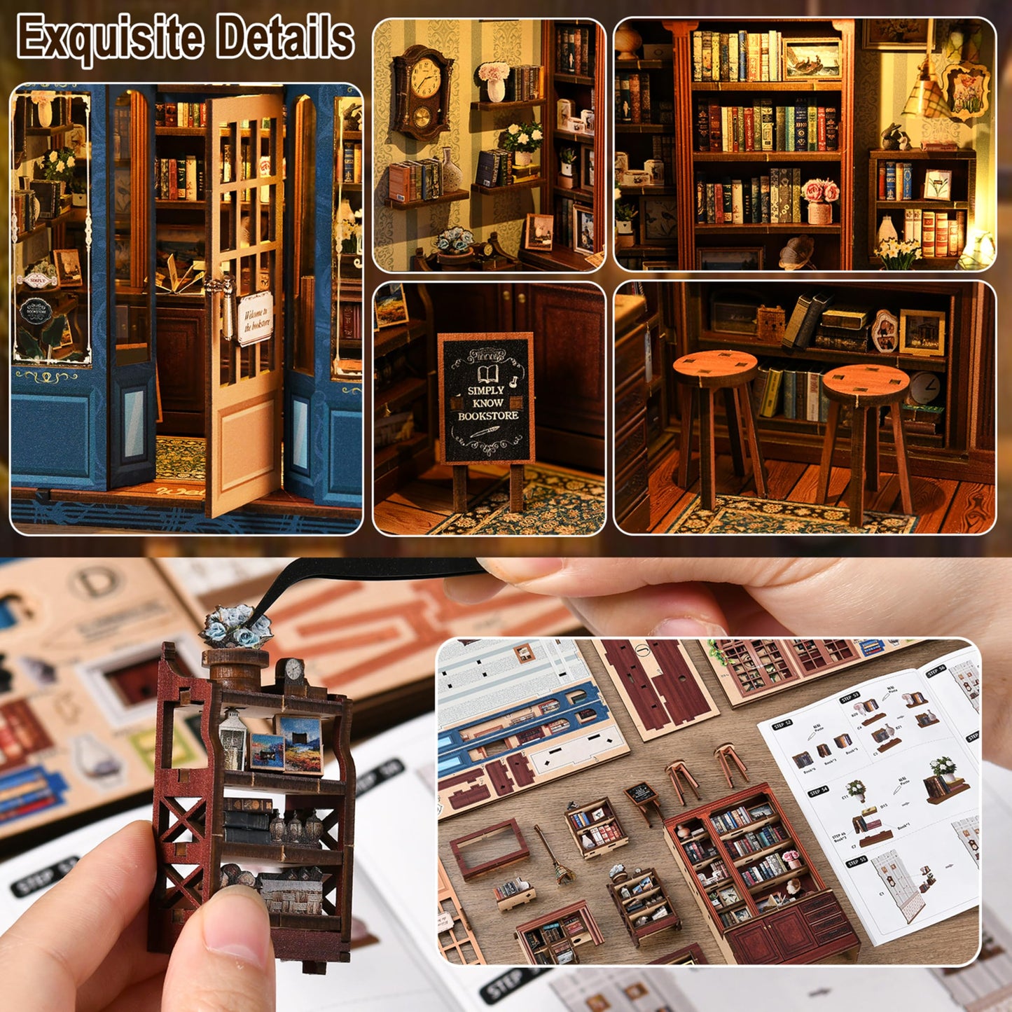 ISSEVE Book Nook Kit – DIY Miniature Library for Adults | 3D Wooden Puzzle & Dollhouse Decor