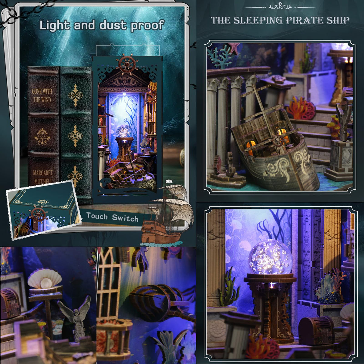 ISSEVE Book Nook Kit Sea Maze – DIY 3D Wooden Puzzle Dollhouse with LED Light and Dust Cover