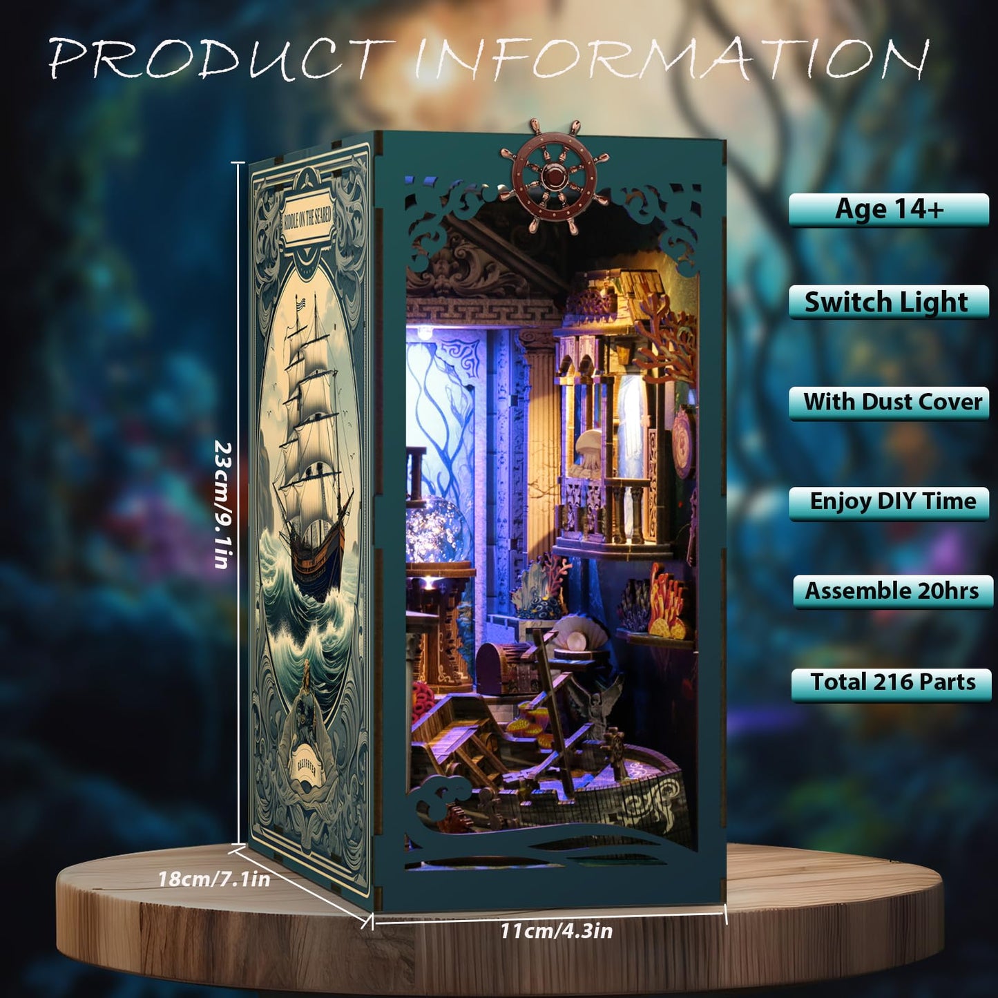 ISSEVE Book Nook Kit Sea Maze – DIY 3D Wooden Puzzle Dollhouse with LED Light and Dust Cover
